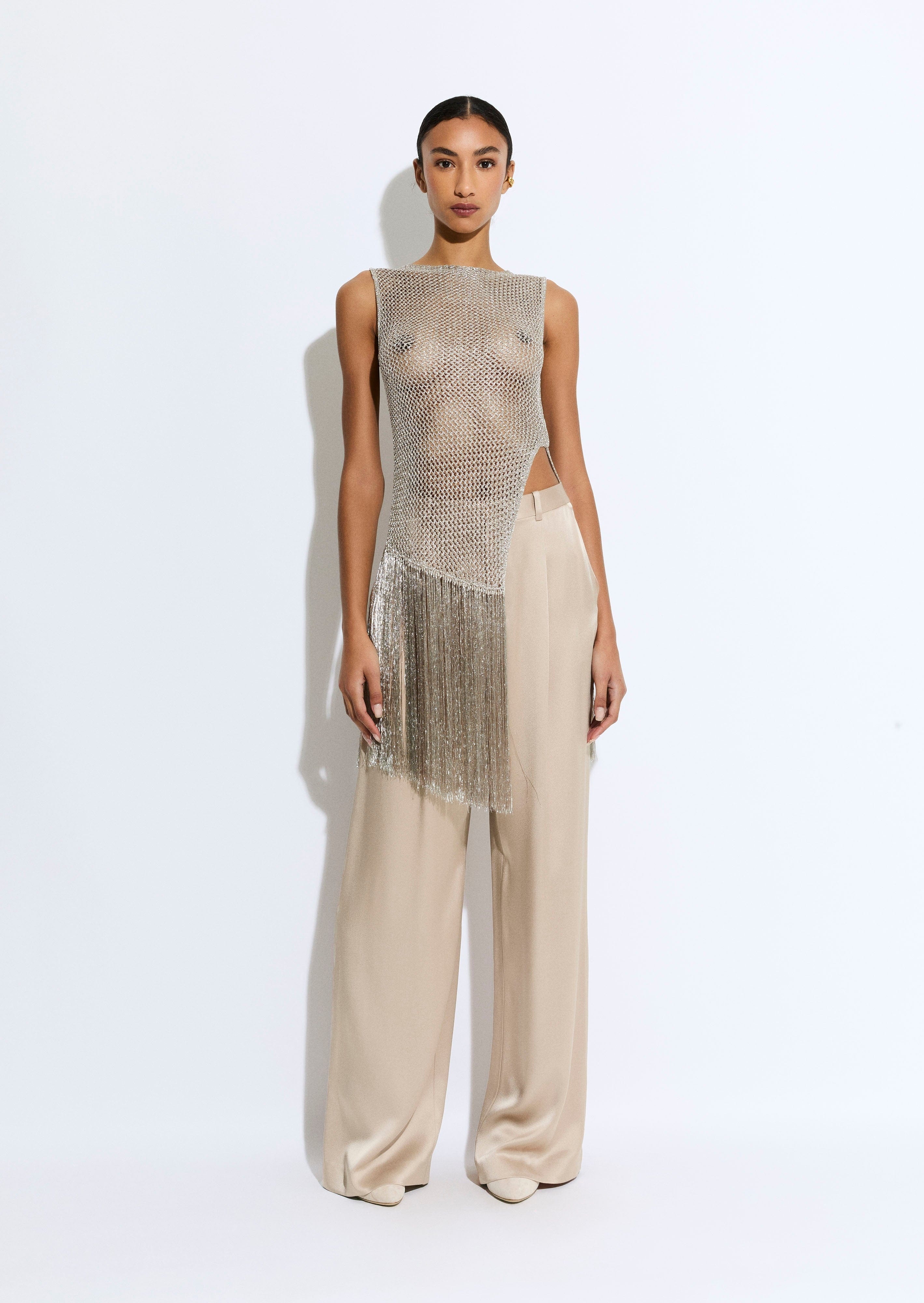 Metallic Netting Fringe Asymmetric Top - 2