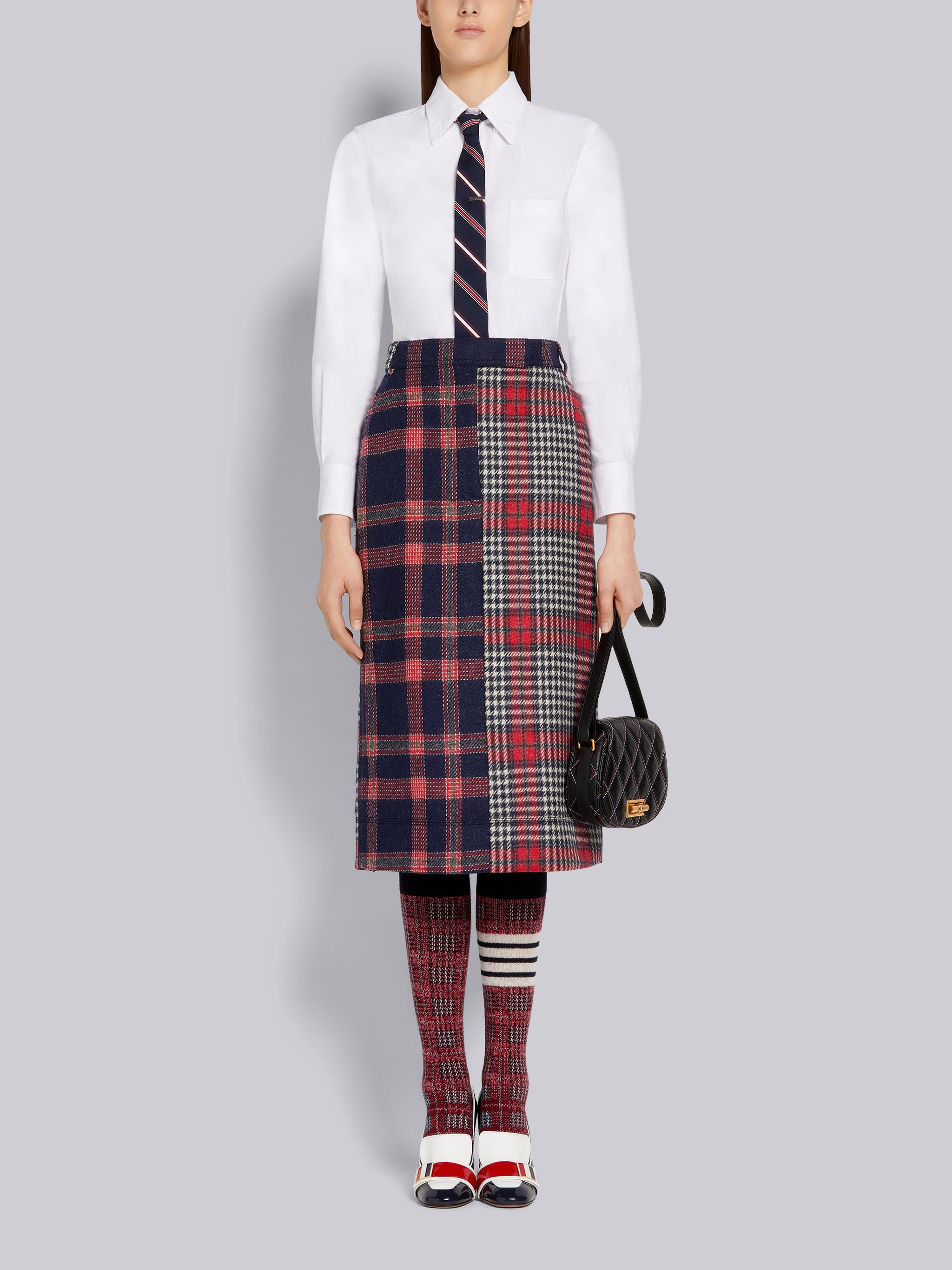 Multicolor Grid Windowpane Check British Wool Below-the-Knee Utility Skirt - 4