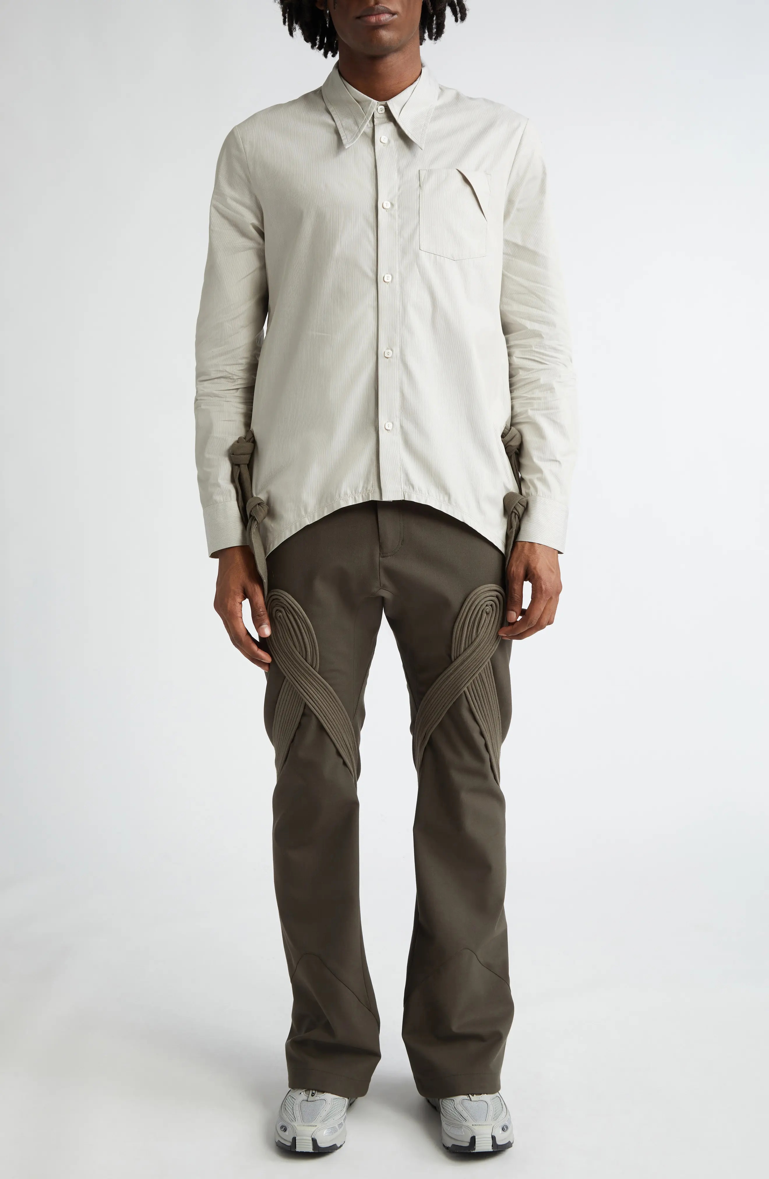 Rino Twisted Jersey Button-Up Shirt in Moss Green Stripe /Taupe - 2