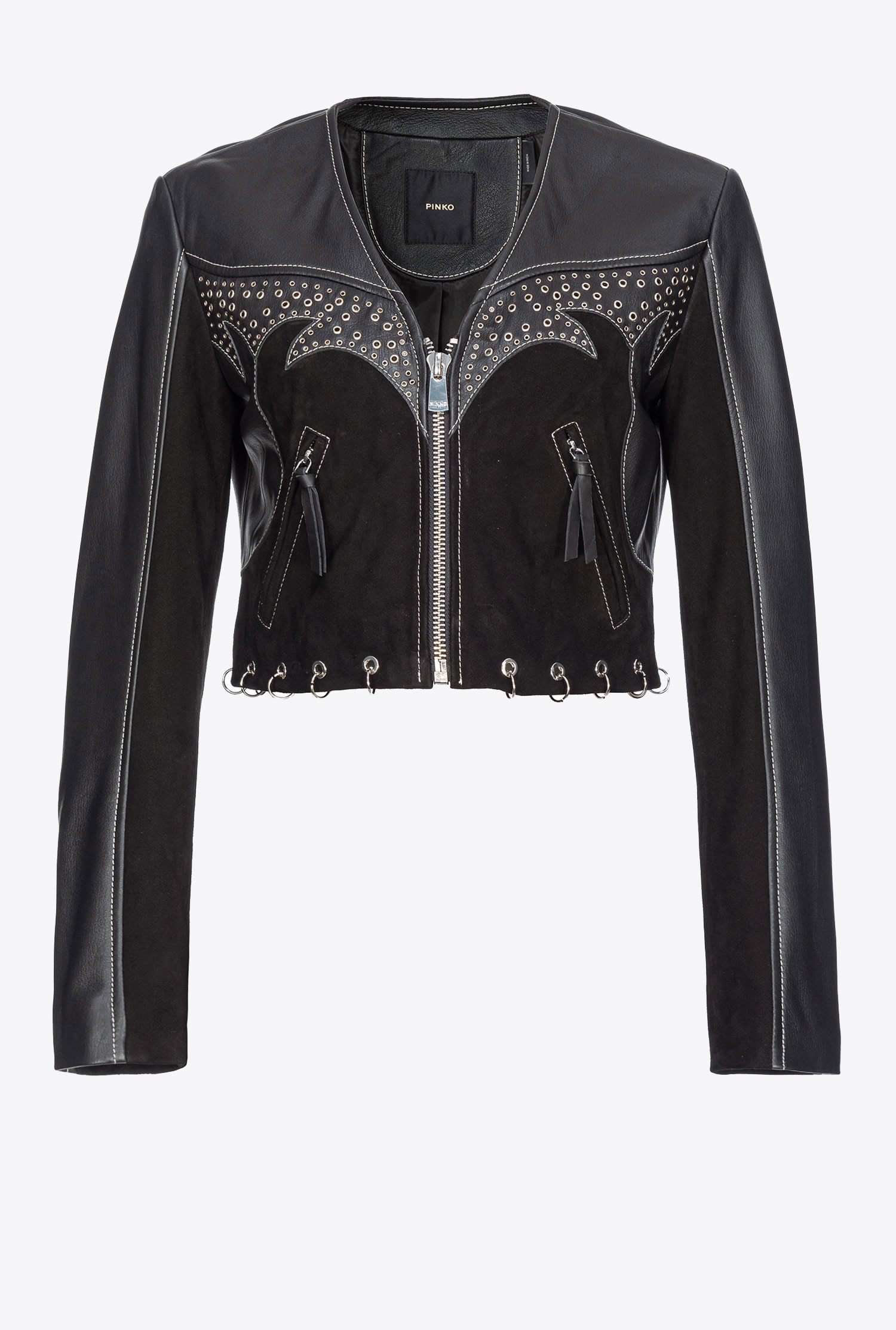 LEATHER AND SUEDE BIKER JACKET WITH PIERCING DETAIL - 1
