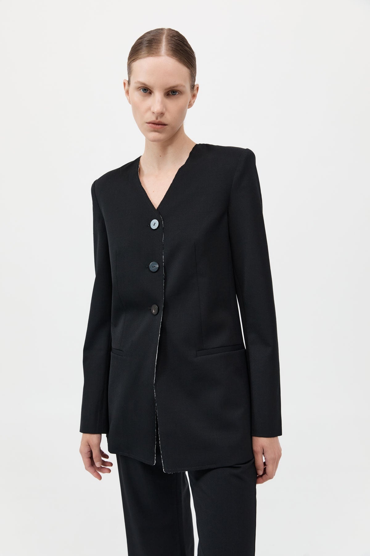 Raw Edge Collarless Blazer - Black - 2
