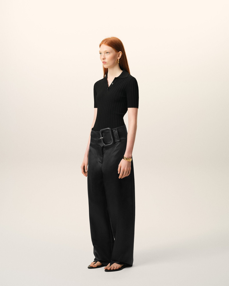 BLACK SATIN BUCKLED BELT TROUSERS 6