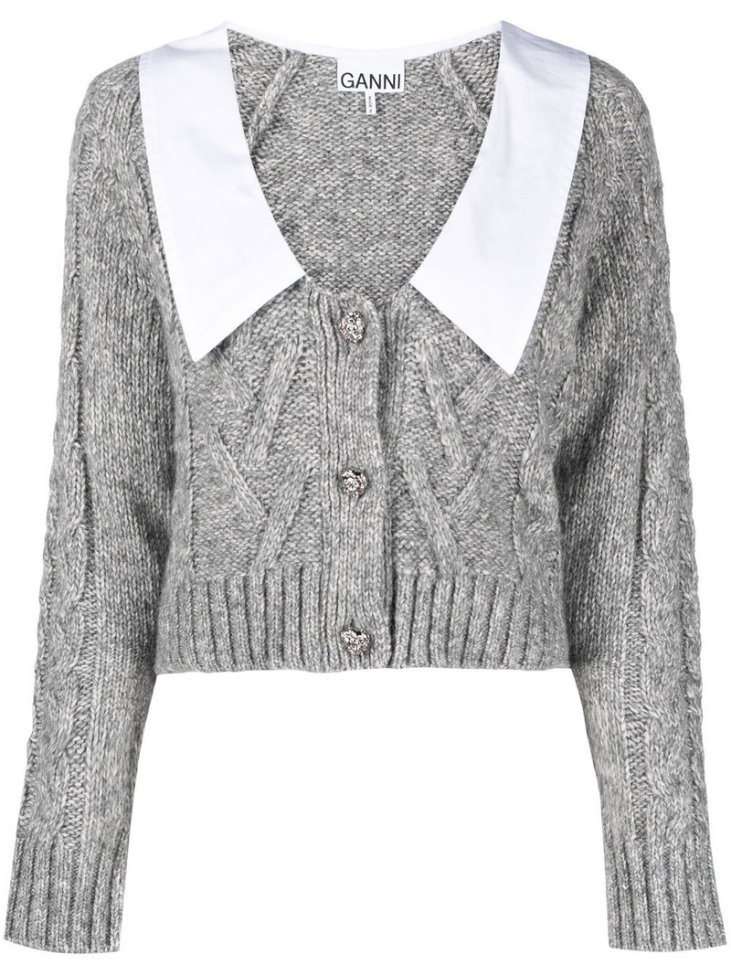 contrasting-collar cable-knit cardigan 1