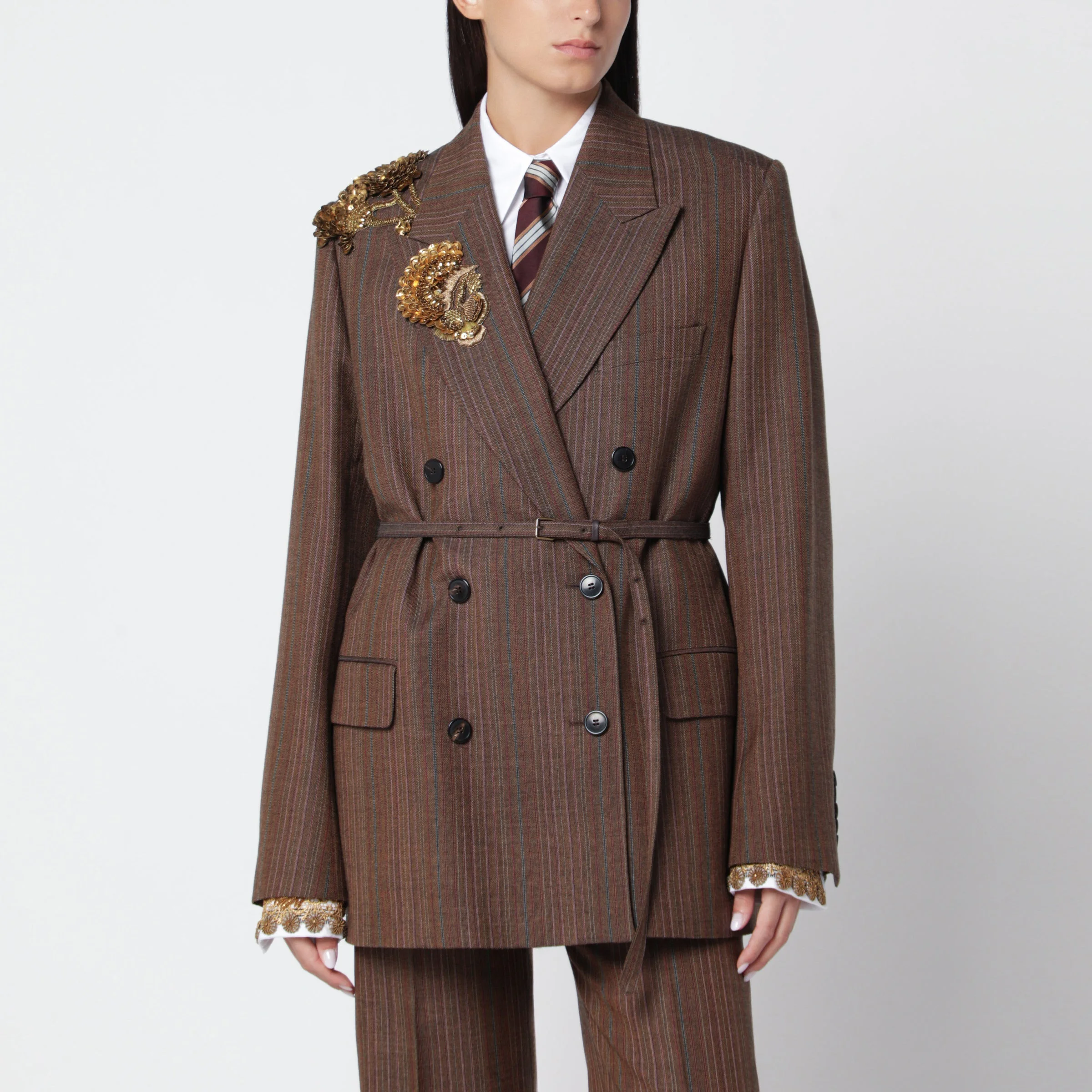 Brown pinstripe jacket with sequin embroidery - 1