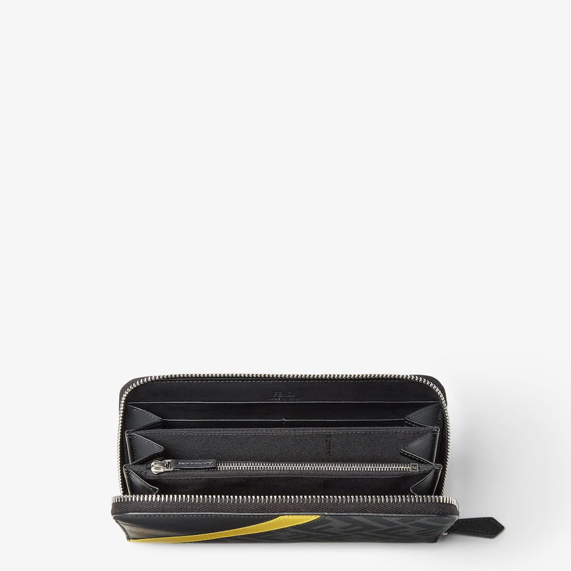 Wallet with zip. Organized into three gusseted compartments with eight card slots and a zip pocket.  - 3