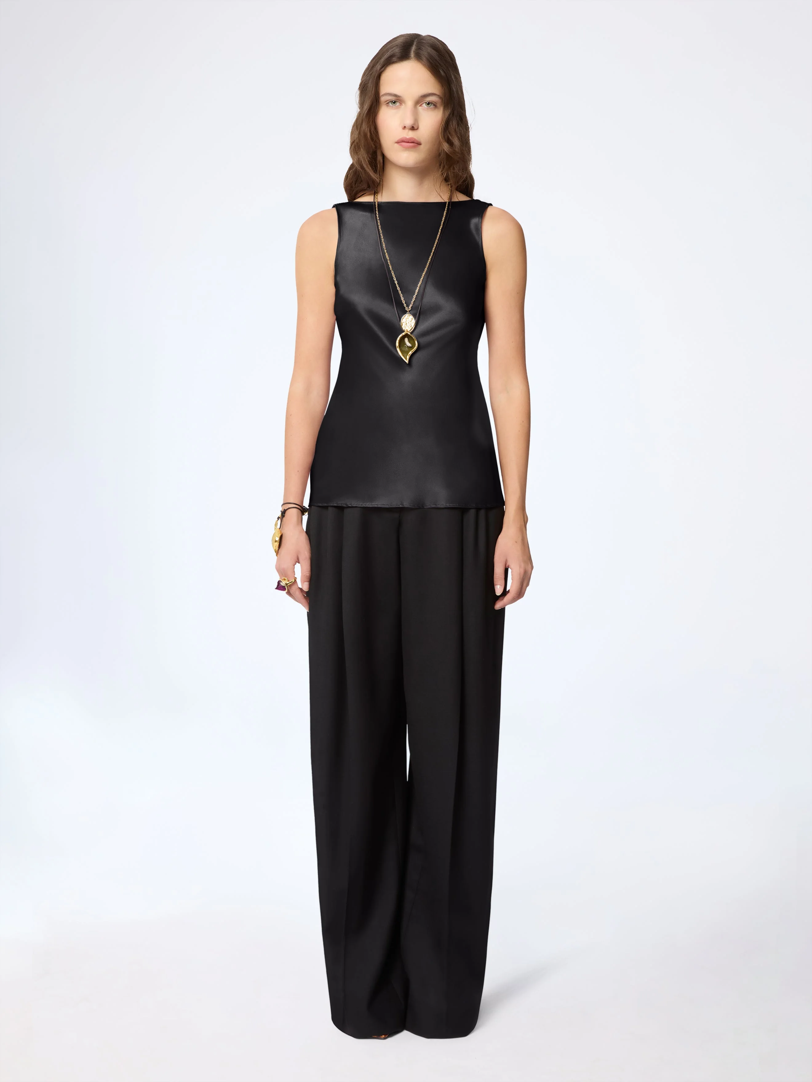 Black Halterneck Drapped Silk Satin Top - 1