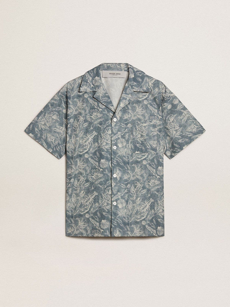 Men's short-sleeved pajama-style poplin shirt with a blue and white marine print 1