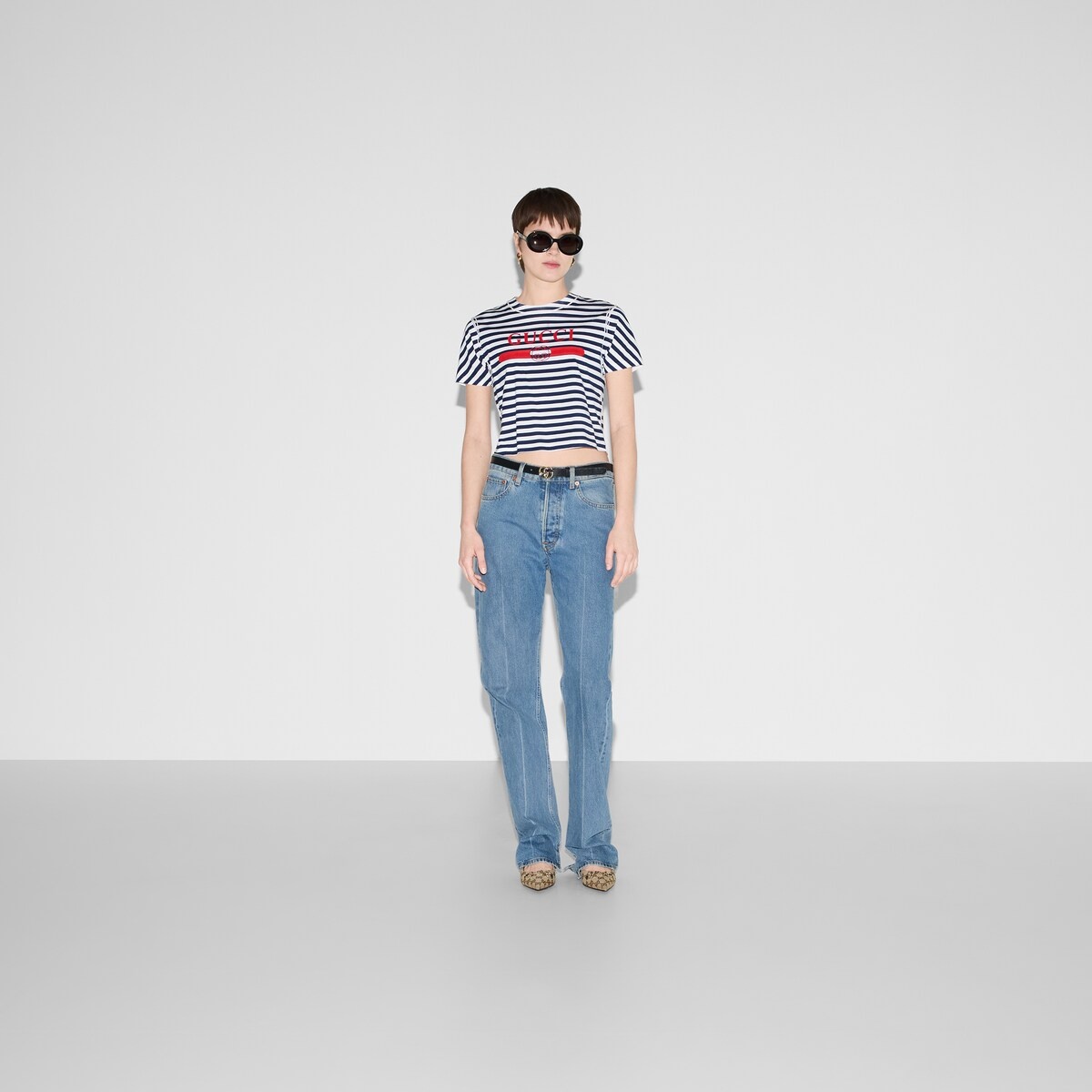 Striped cotton jersey T-shirt with Gucci print - 2