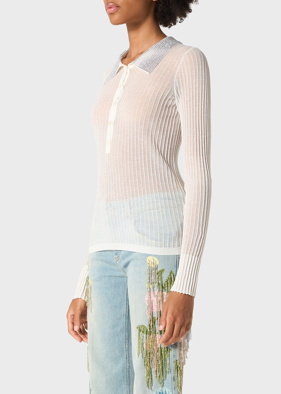 RIBBED POLO SHIRT WITH RHINESTONE DECORATIONS - 5