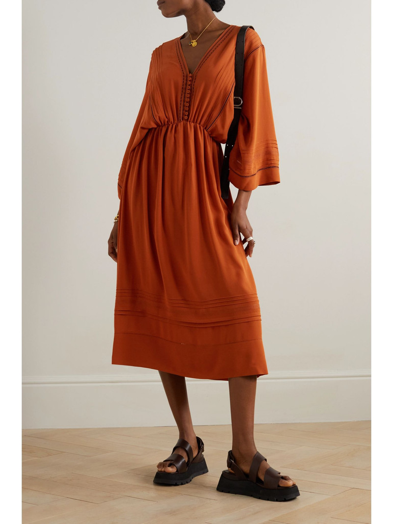 Loro Piana Henrietta embroidered silk crepe de chine midi dress Orange outlook