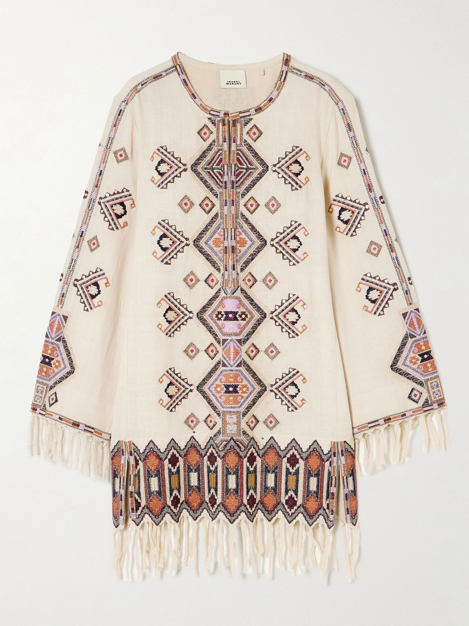 Zayana fringed embellished embroidered silk-gauze mini dress Ecru - 1