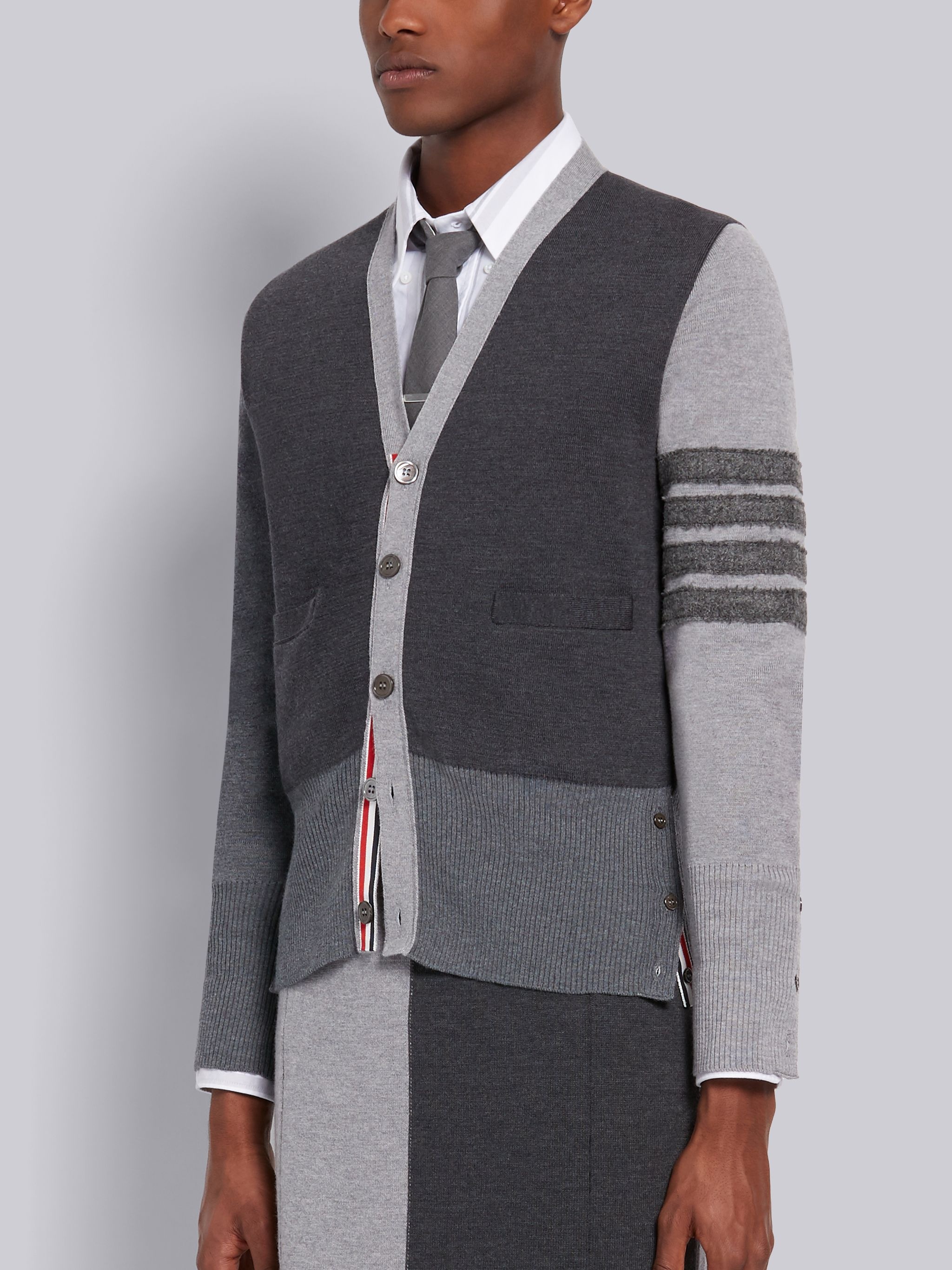 Tonal Grey Fun-Mix Merino Wool Milano Stitch Shetland 4-Bar V-Neck Cardigan - 2