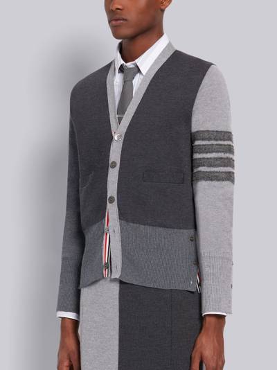 Thom Browne Tonal Grey Fun-Mix Merino Wool Milano Stitch Shetland 4-Bar V-Neck Cardigan outlook