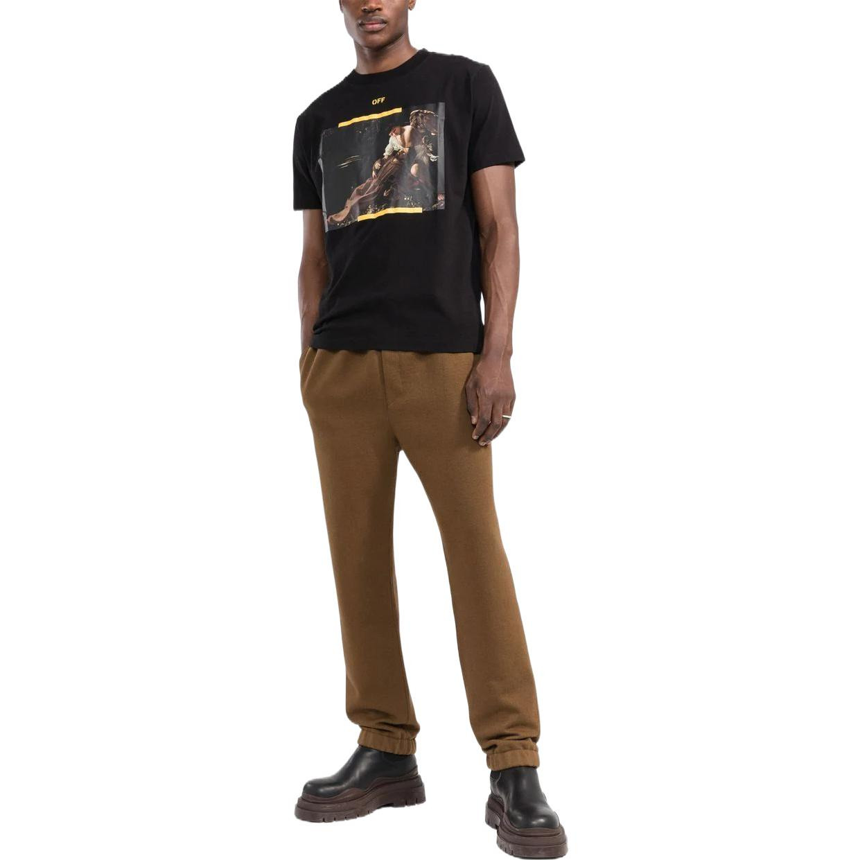 Men's Off-White FW22 Caravaggio Arrow Character Printing Casual Short Sleeve Black T-Shirt OMAA027C9 - 2