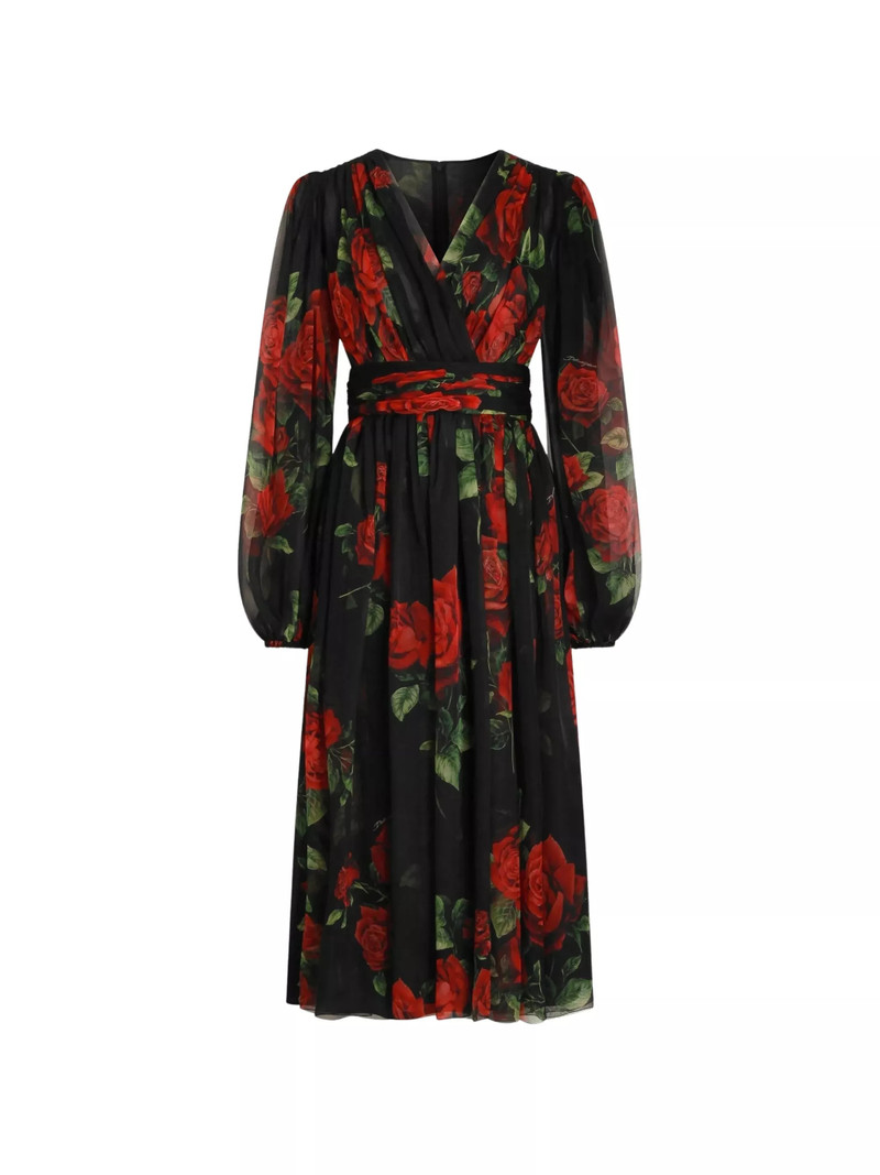 Midi Dress in Chiffon with Rose Print 1