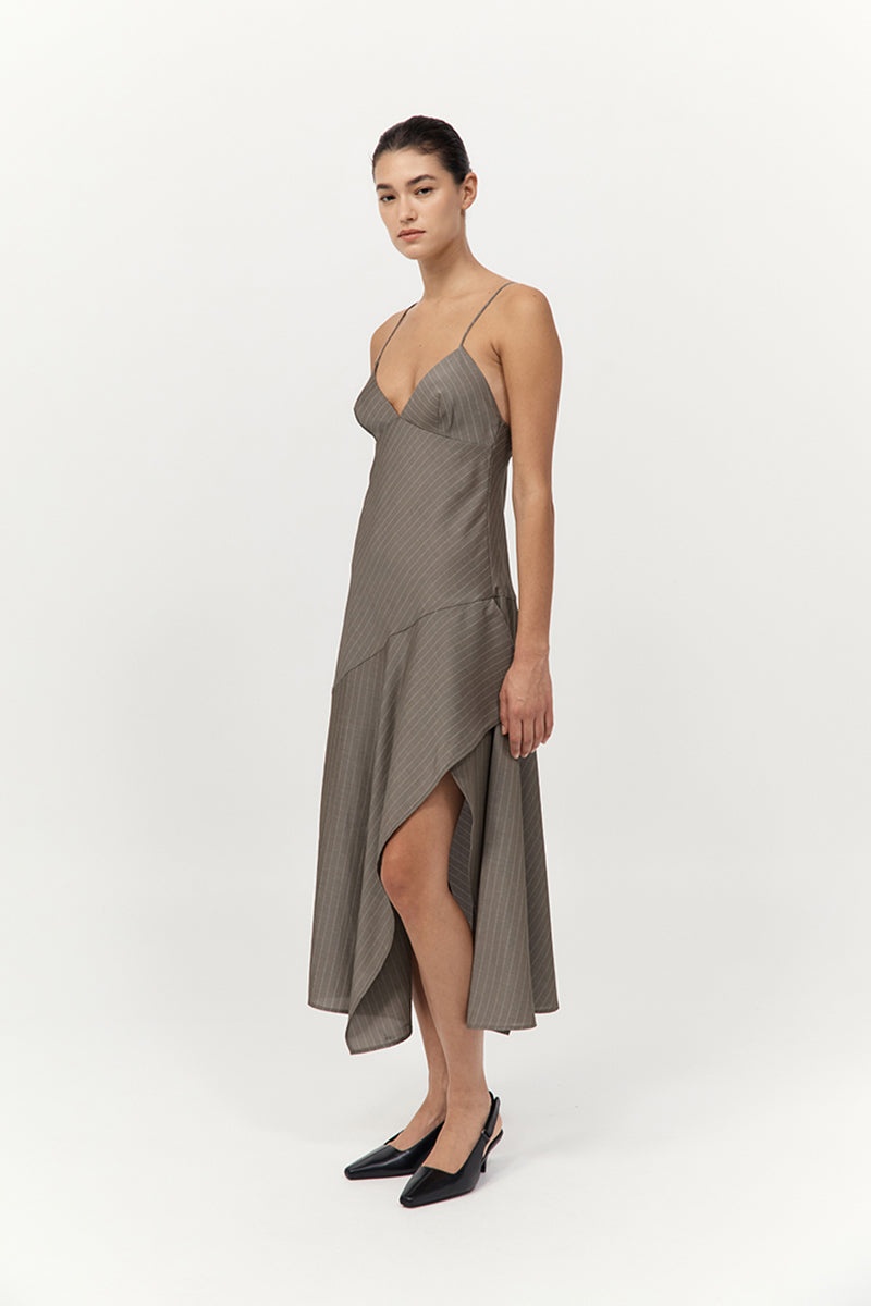 Asymmetric Slip Dress - Khaki Pinstripe - 3