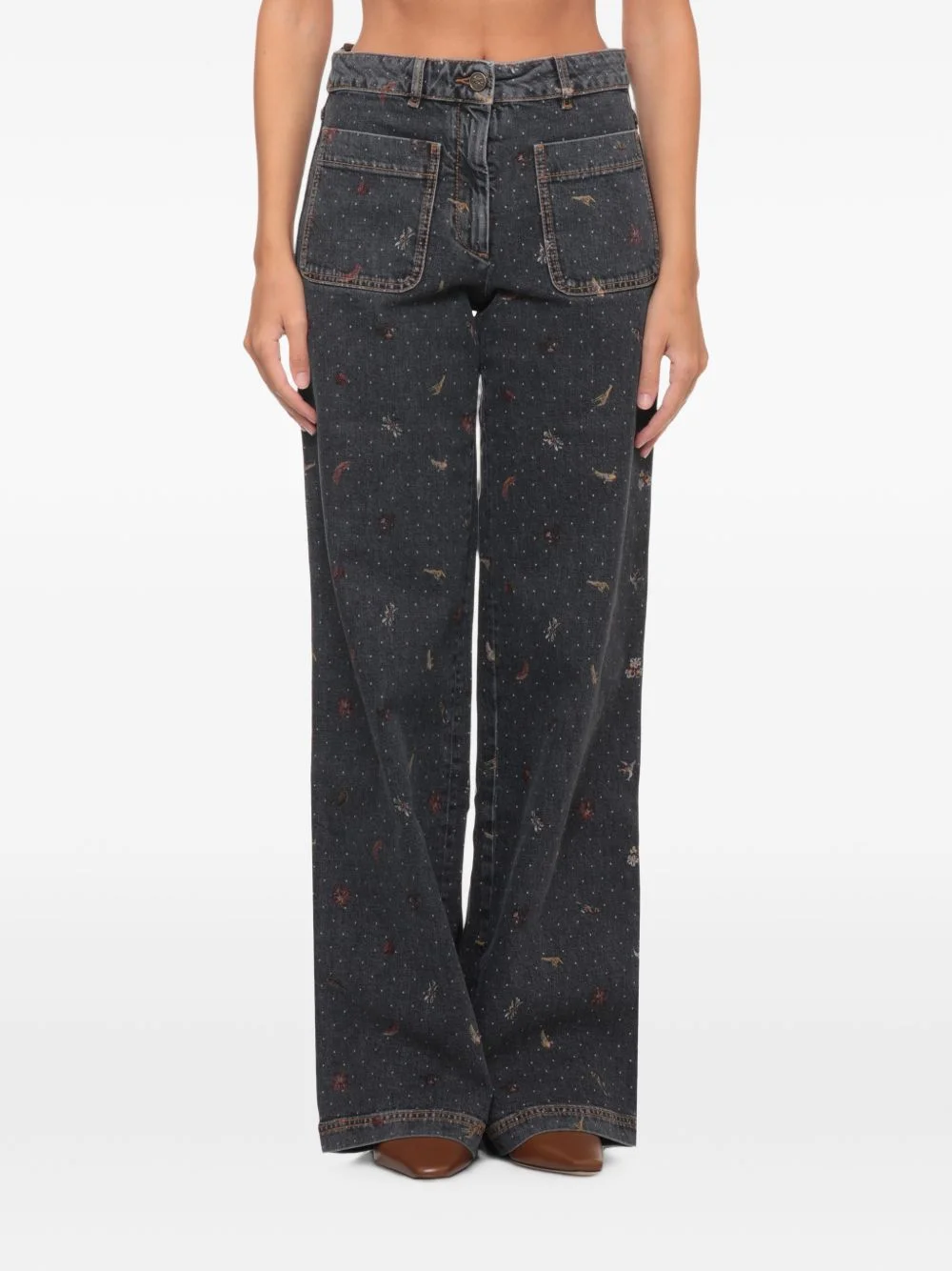 floral-embroidered polka-dot jeans - 1