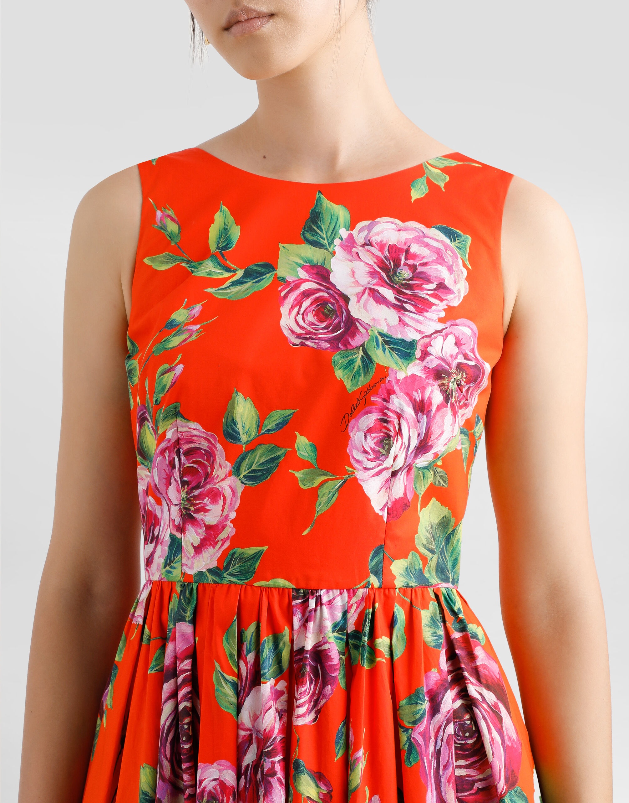 Cotton calf-length babydoll dress with rose print - 5