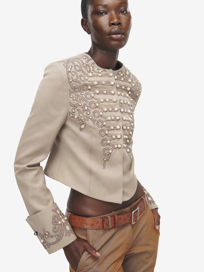 Women's Beaded Frogging Cropped Jacket in Beige 6