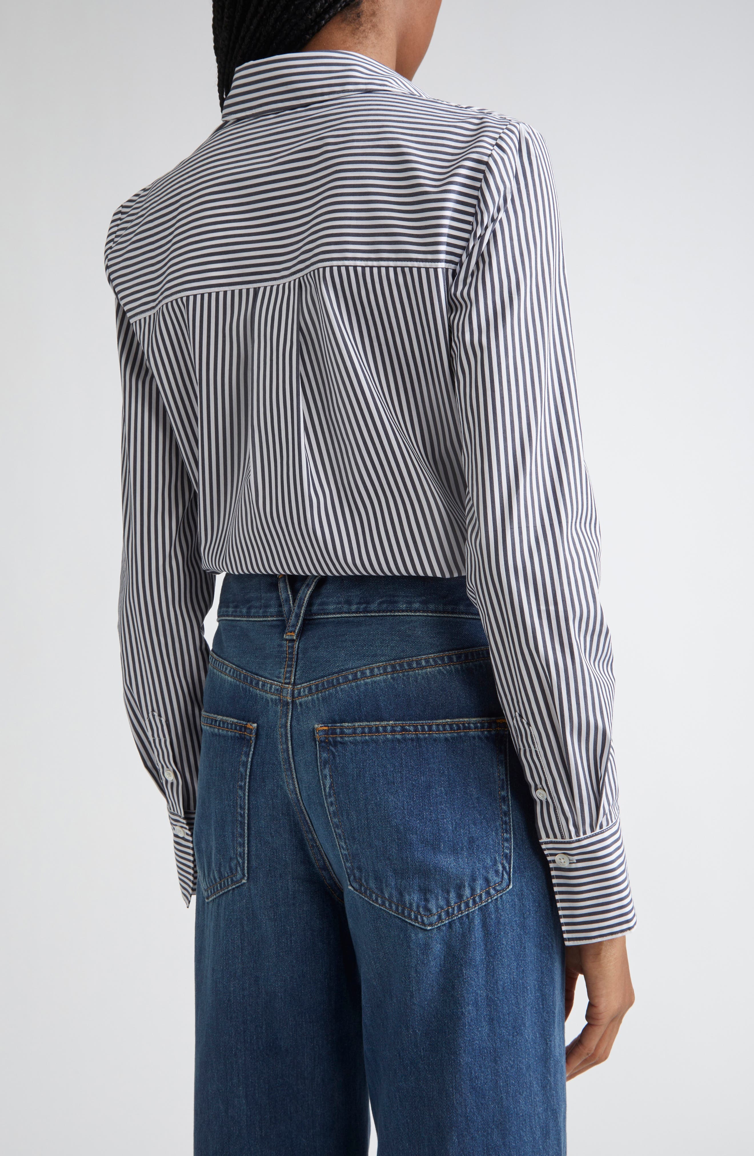 Veronica Beard Amelia Stripe Cotton Blend Button-Up Shirt in Navy White at Nordstrom - 3