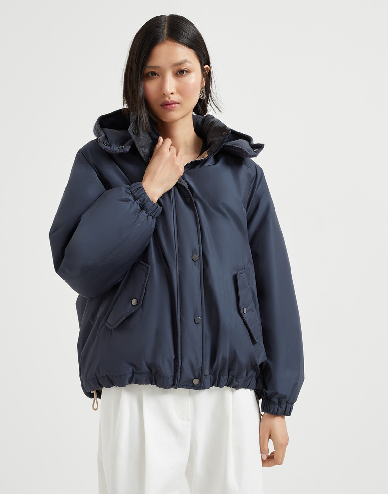 Techno cotton water-resistant taffeta down jacket with detachable hood and shiny zipper pull 1