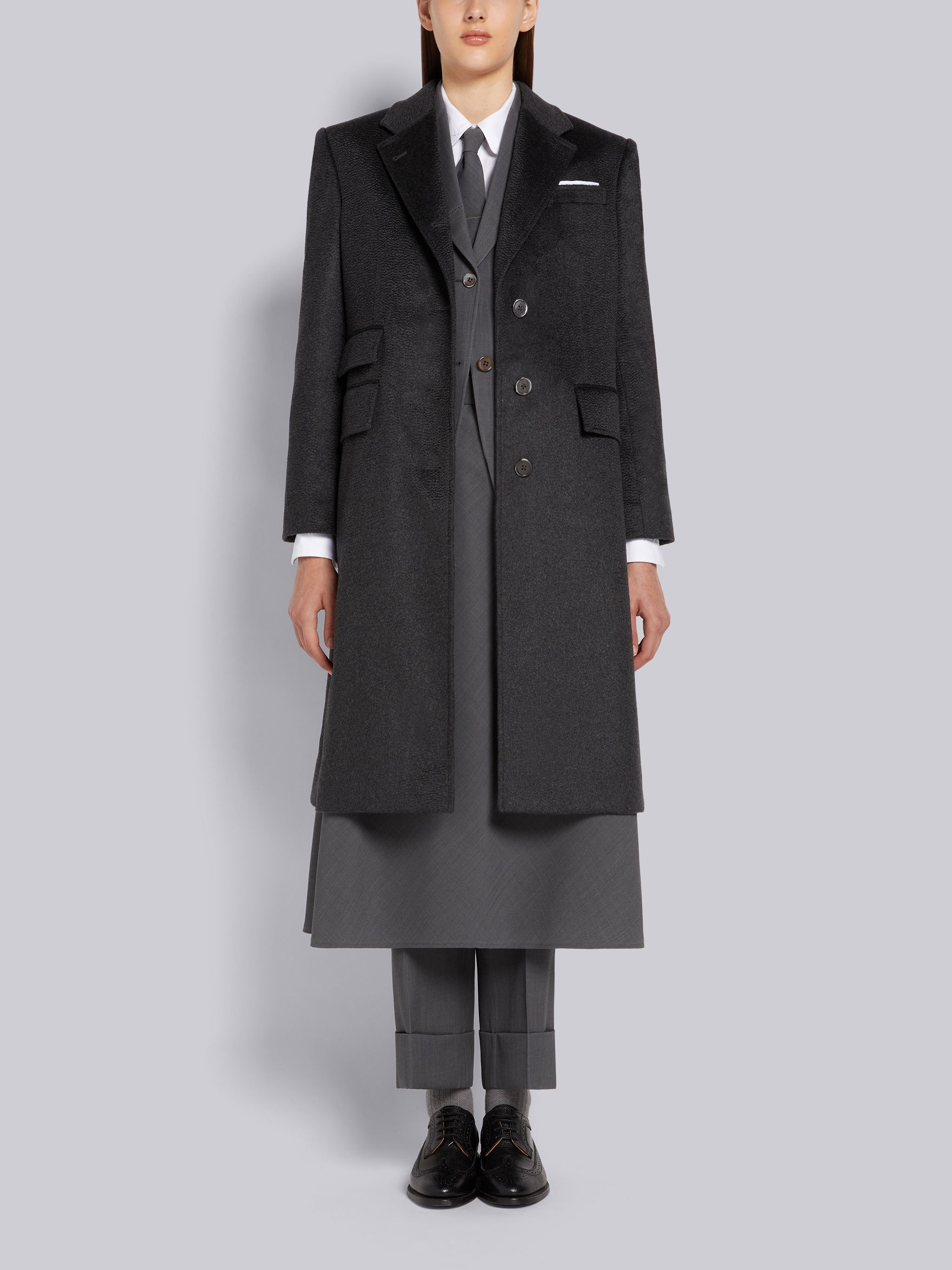 Dark Grey Zibeline Finish Coat Weight Cashmere Single Vent Overcoat - 4