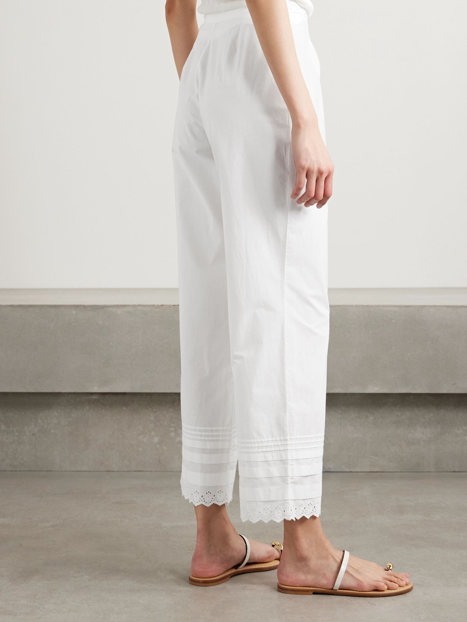 Francisca broderie anglaise-trimmed pintucked organic cotton-poplin straight-leg pants White - 3