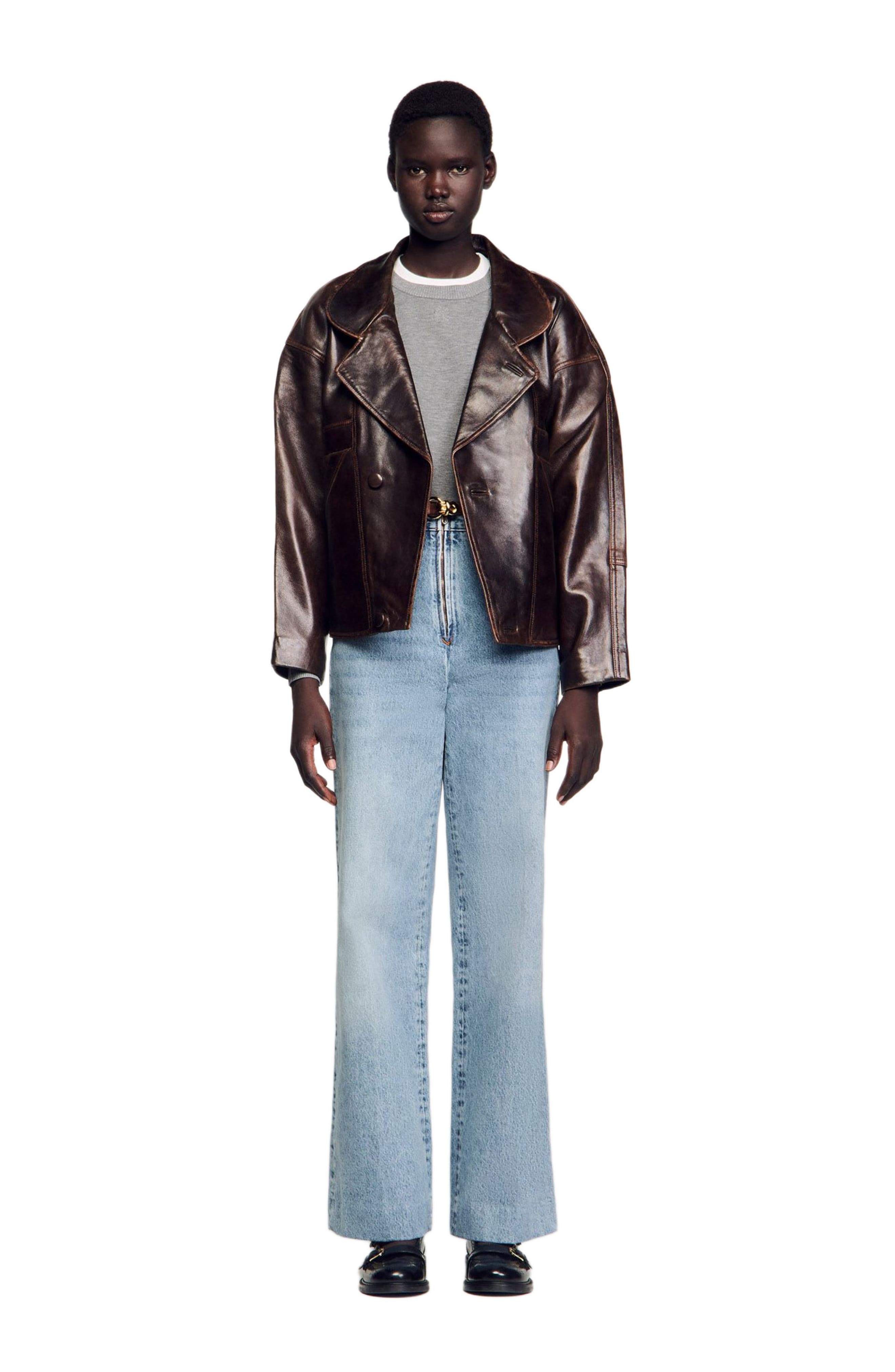 SANDRO Oversized leather jacket in Brown at Nordstrom - 4