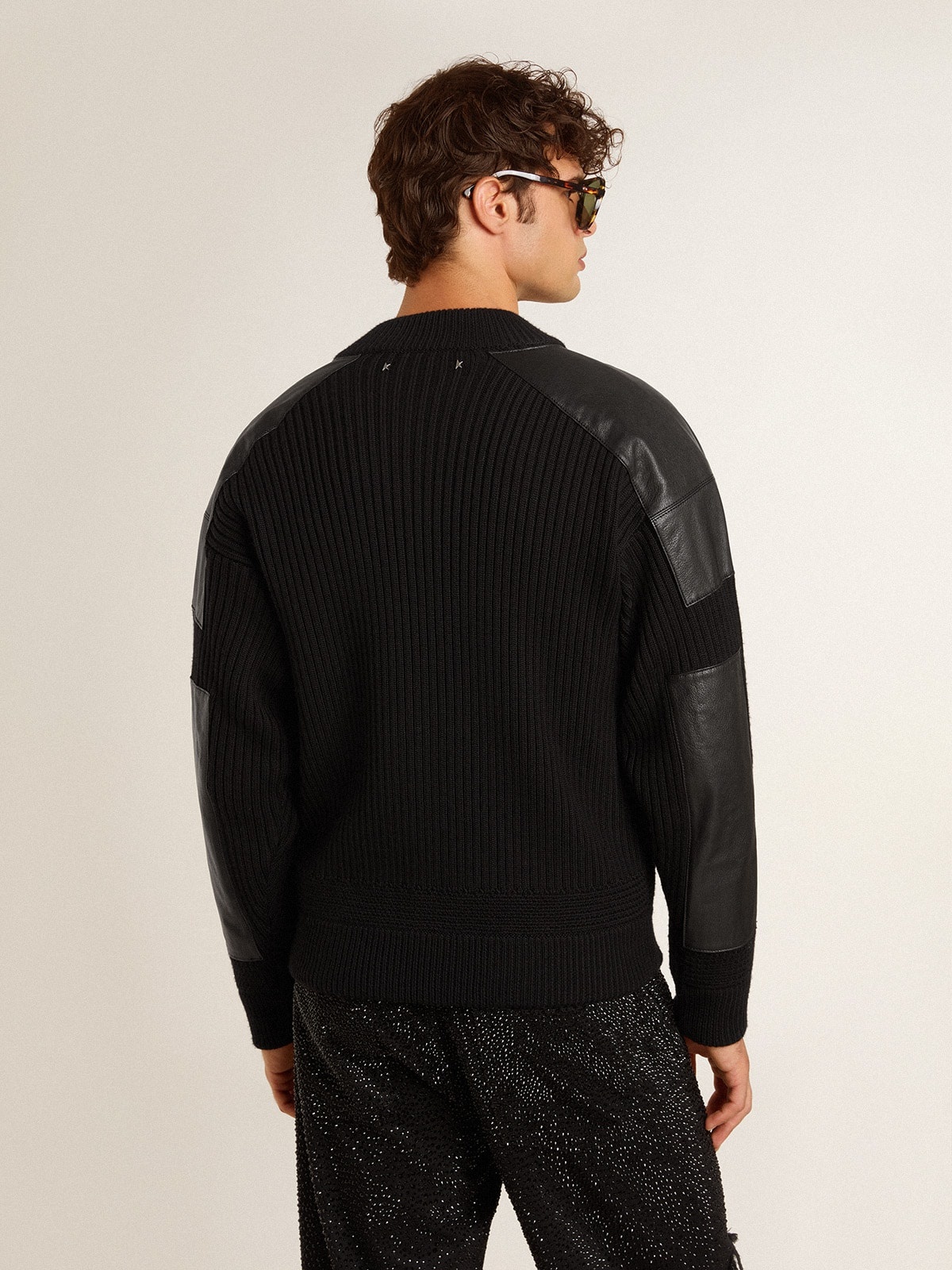 Men's black merino wool jacket with leather patches - 4