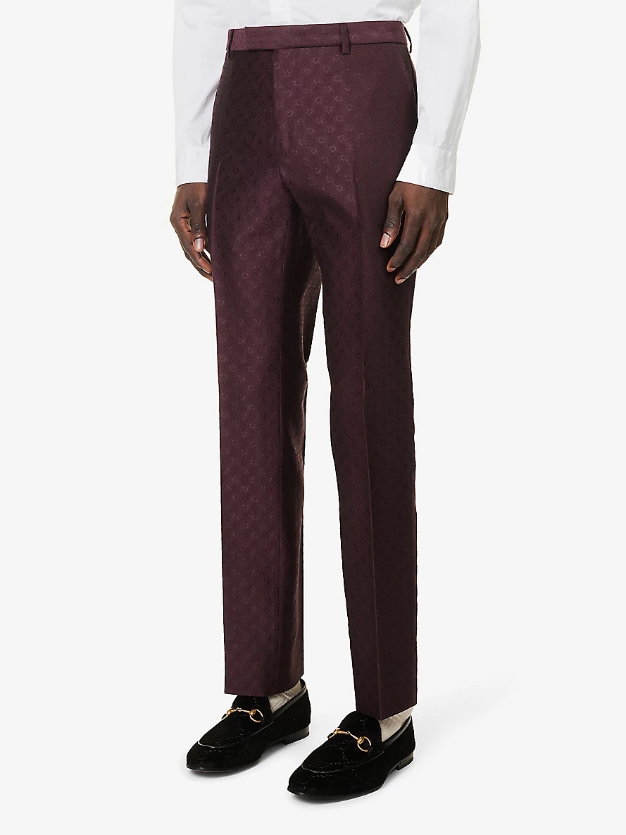 Horsebit-patterned slim-fit mid-rise wool-blend trousers - 3