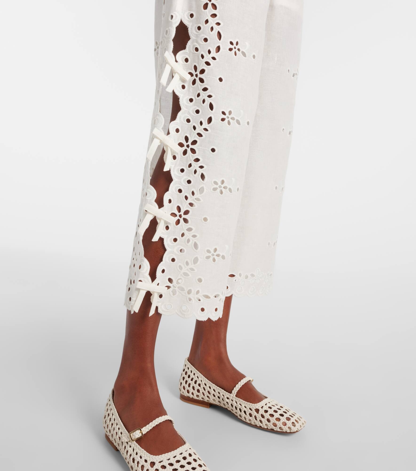 Embroidered linen and cotton wide-leg pants - 5