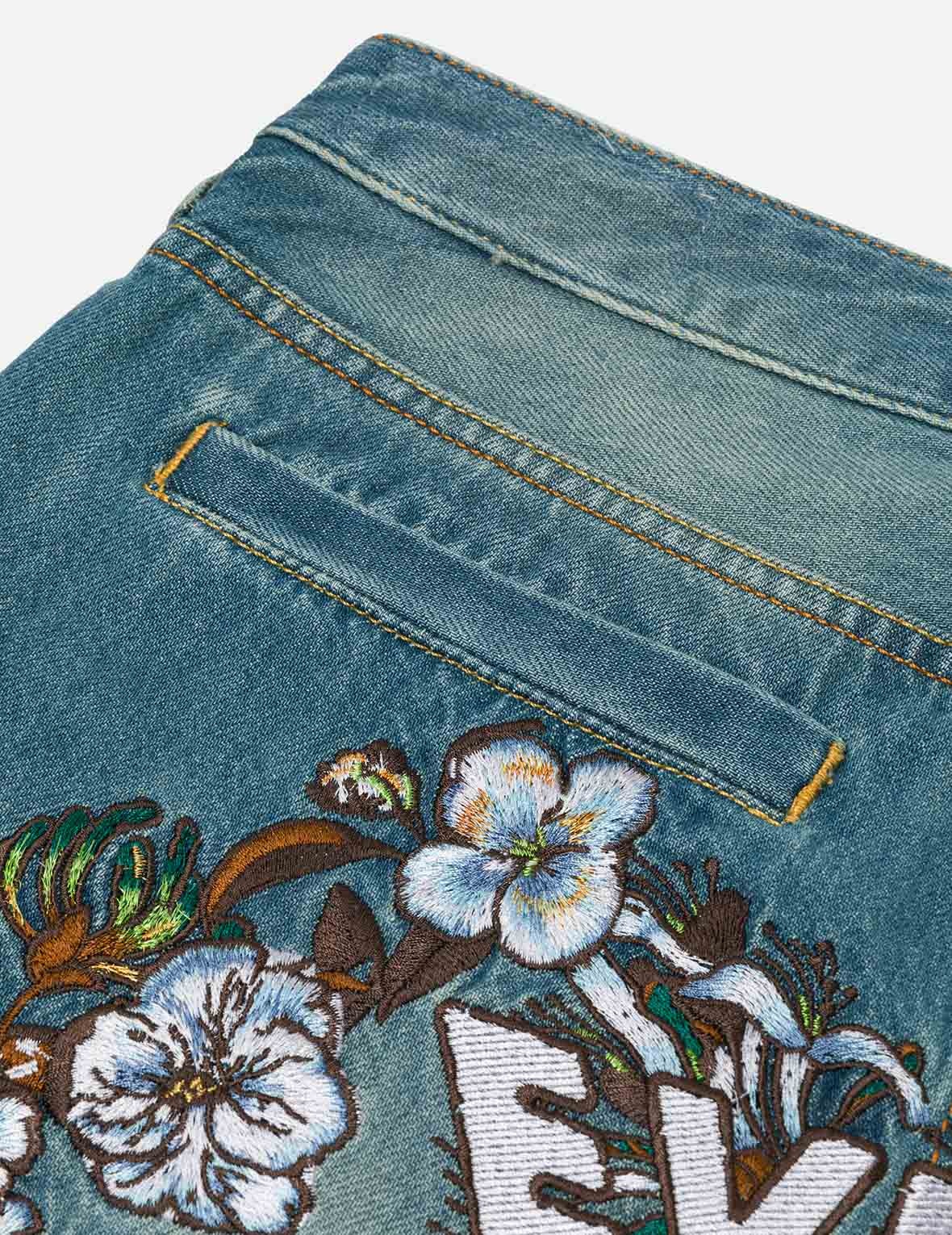Floral Daicock Embroidery Regular Fit Denim Shorts - 7