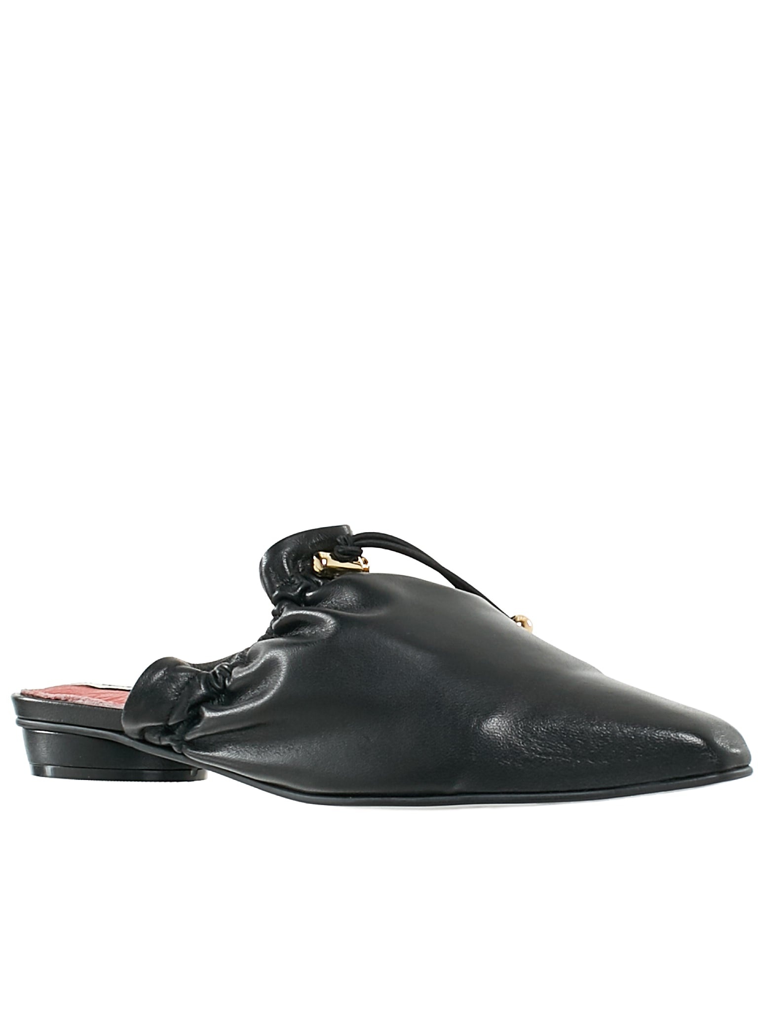 Black Baloon Drawstring Leather Slippers - 2