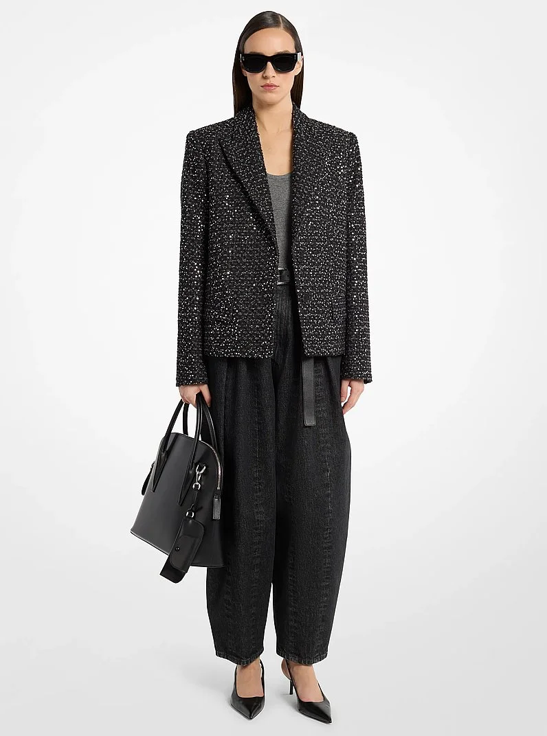 Sequined Denim Tweed Cropped Blazer - 1