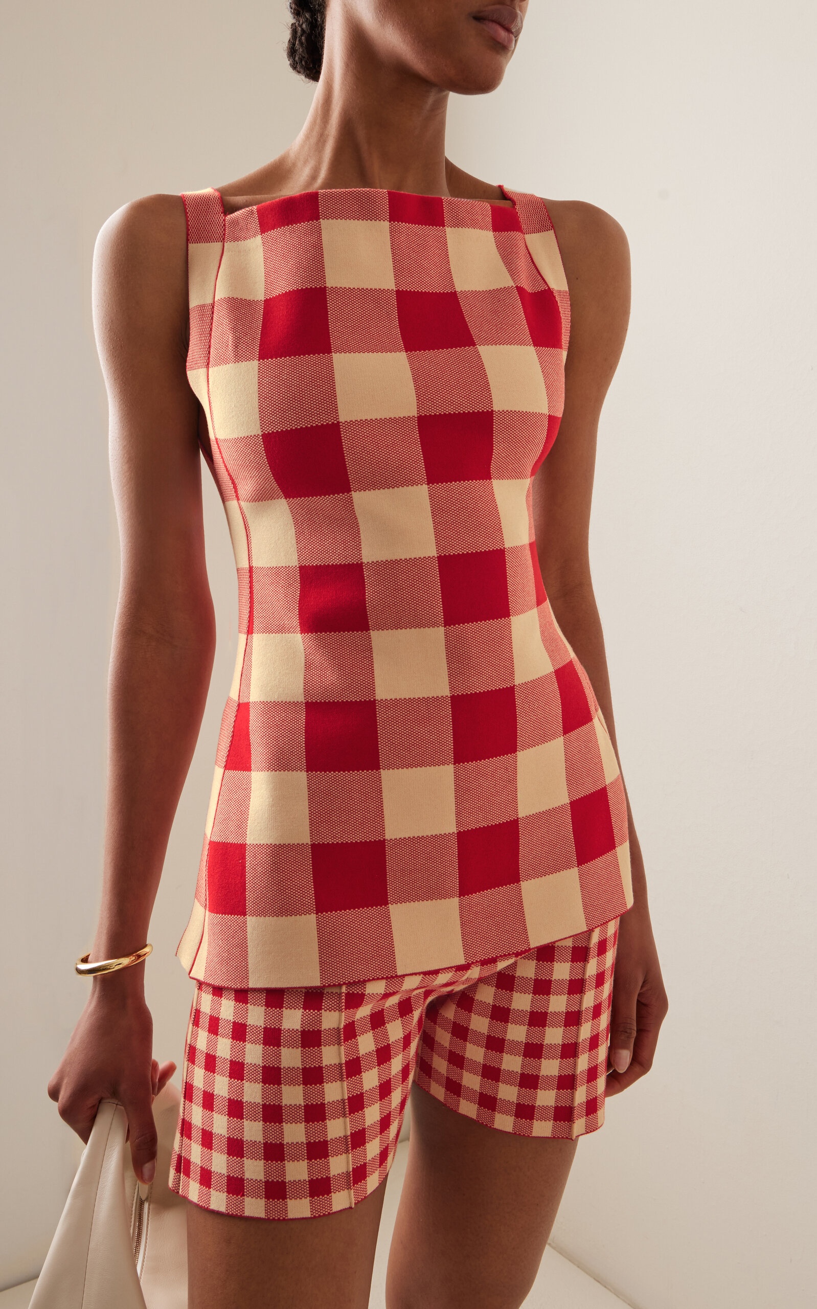 Asher Gingham Cotton-Blend Knit Apron Top red - 2