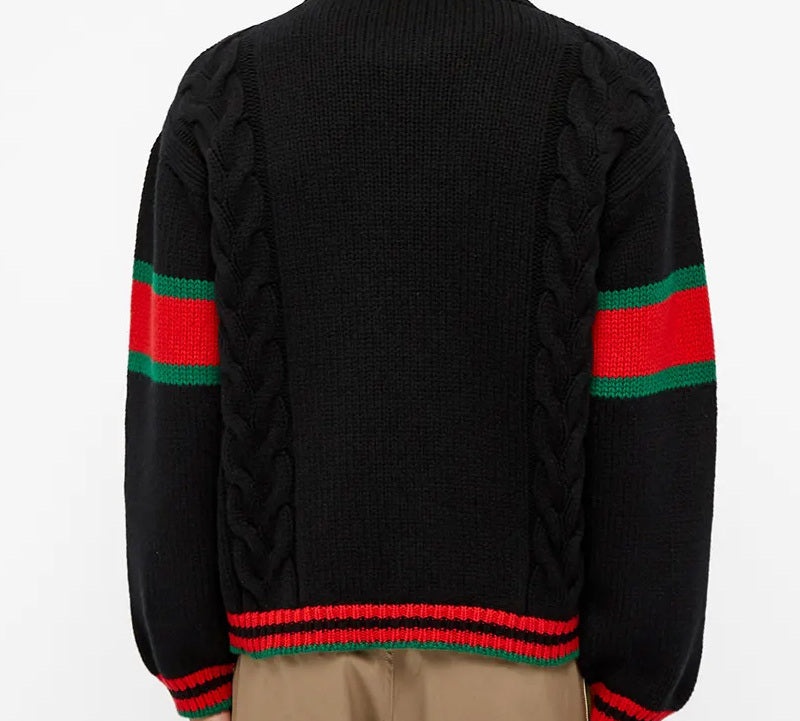 Gucci Chucky Grg Long-Sleeved Sweater With Striped Round Neck At Hem Cuffs For Men Black 548115-X156 - 6