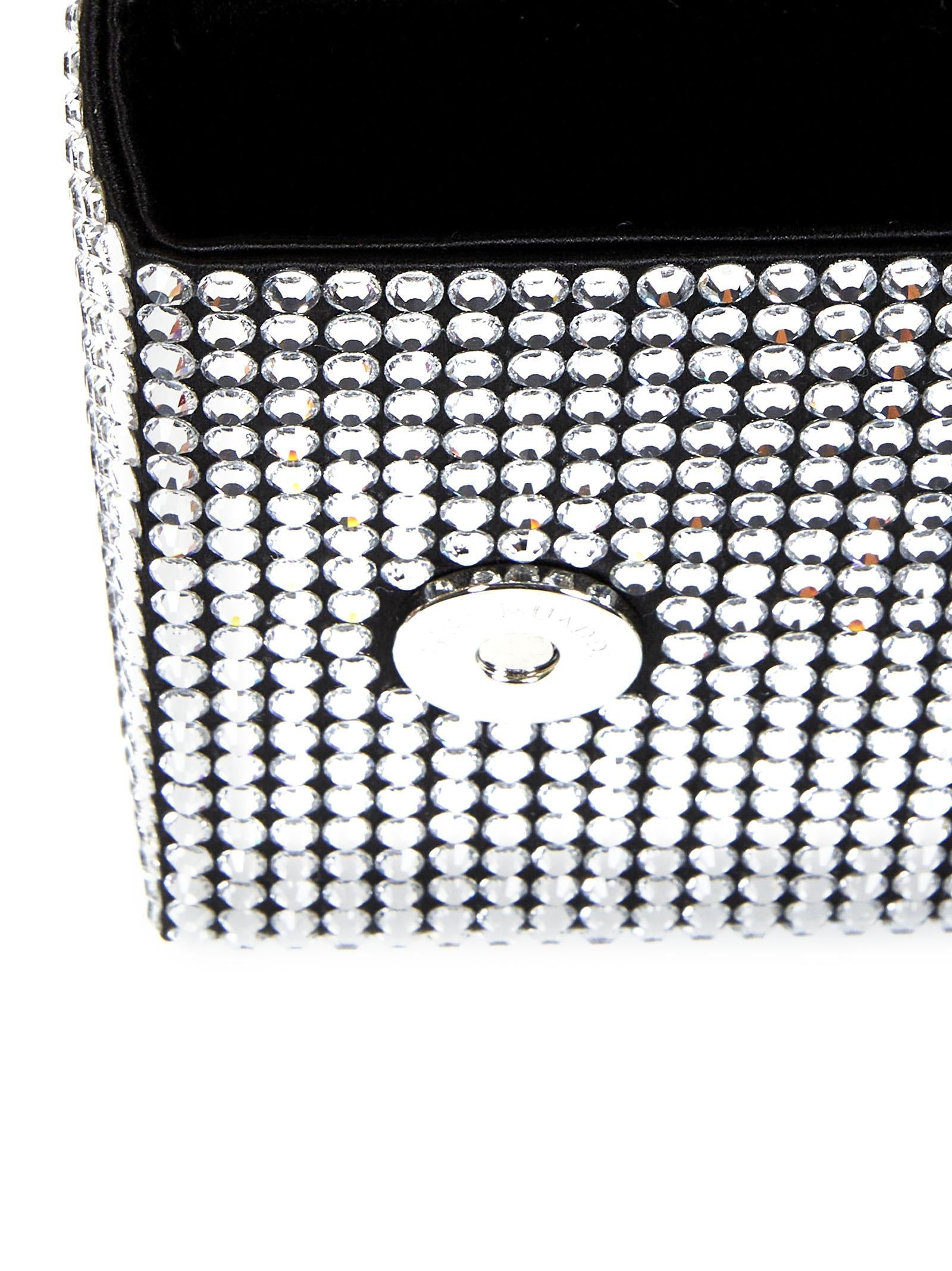 AMINI PALOMA black clutch in satin and crystals with silver metal chain shoulder strap. - 5