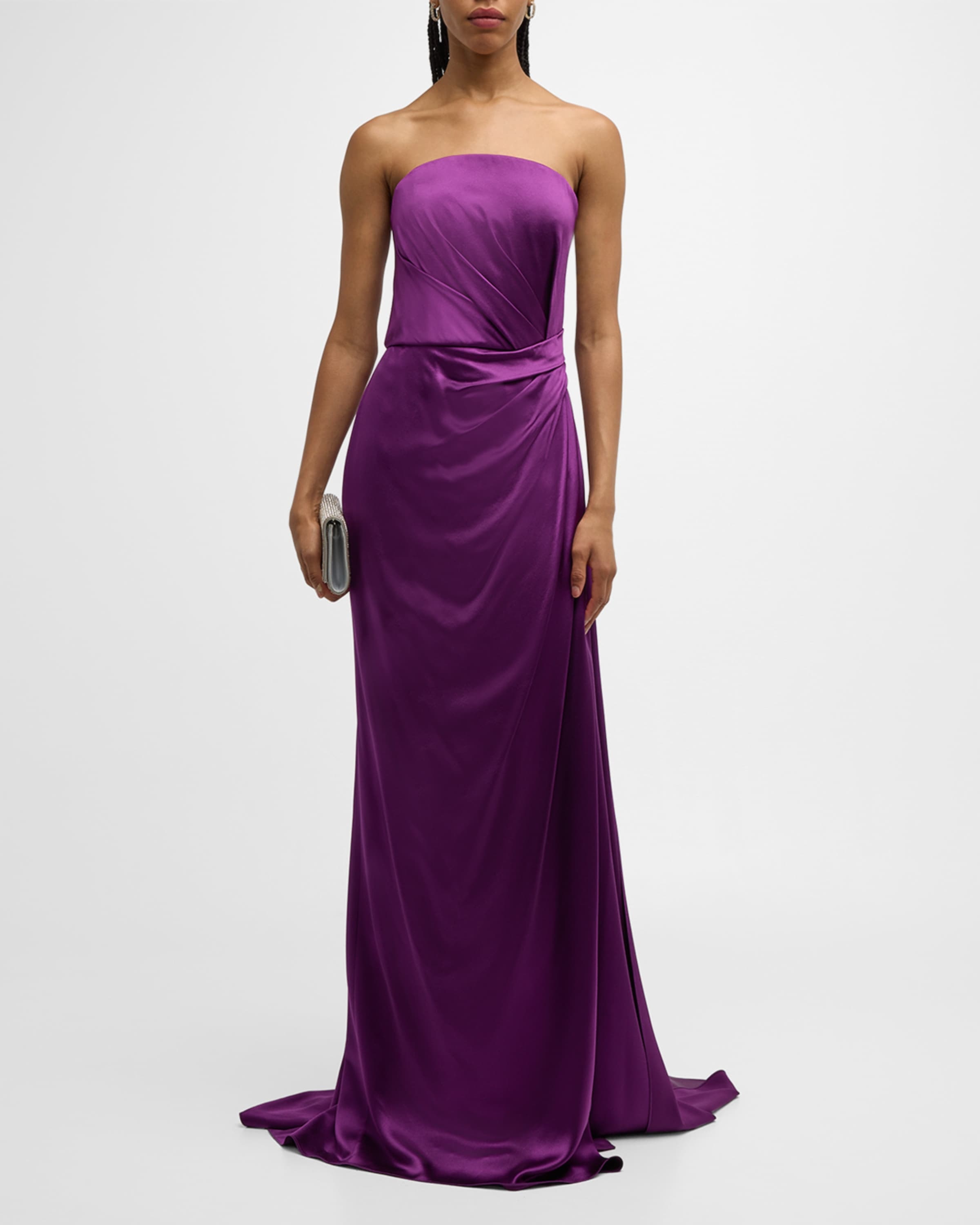 Strapless Satin Hand-Draped Gown with Slit - 2