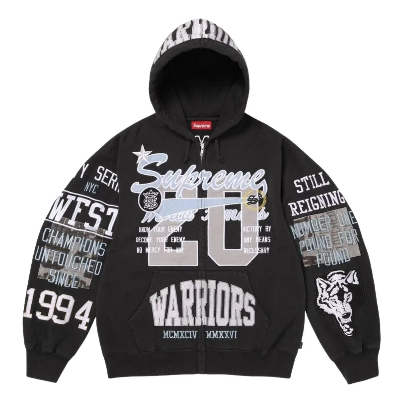 Supreme SS26 Warriors Appliqué Zip Up Hooded Sweatshirt 'Black' SUP-SS26-212-BLK - 1