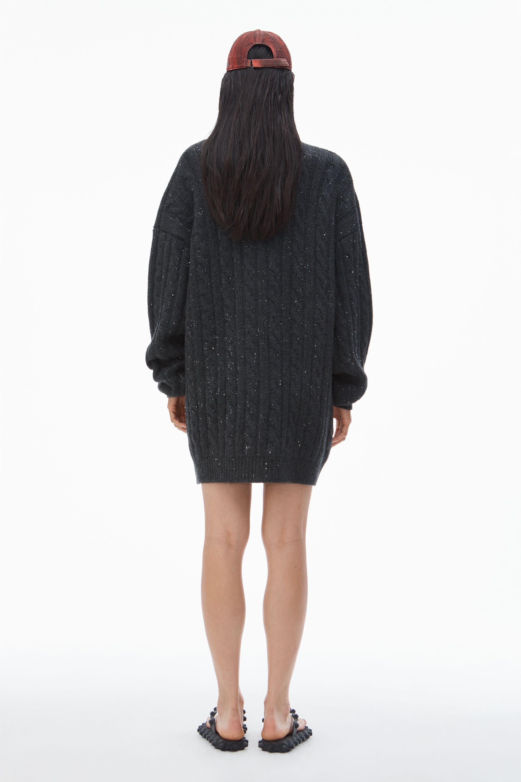 Clear Bead Hotfix Cable-Knit Cardigan in Boiled Wool - 5