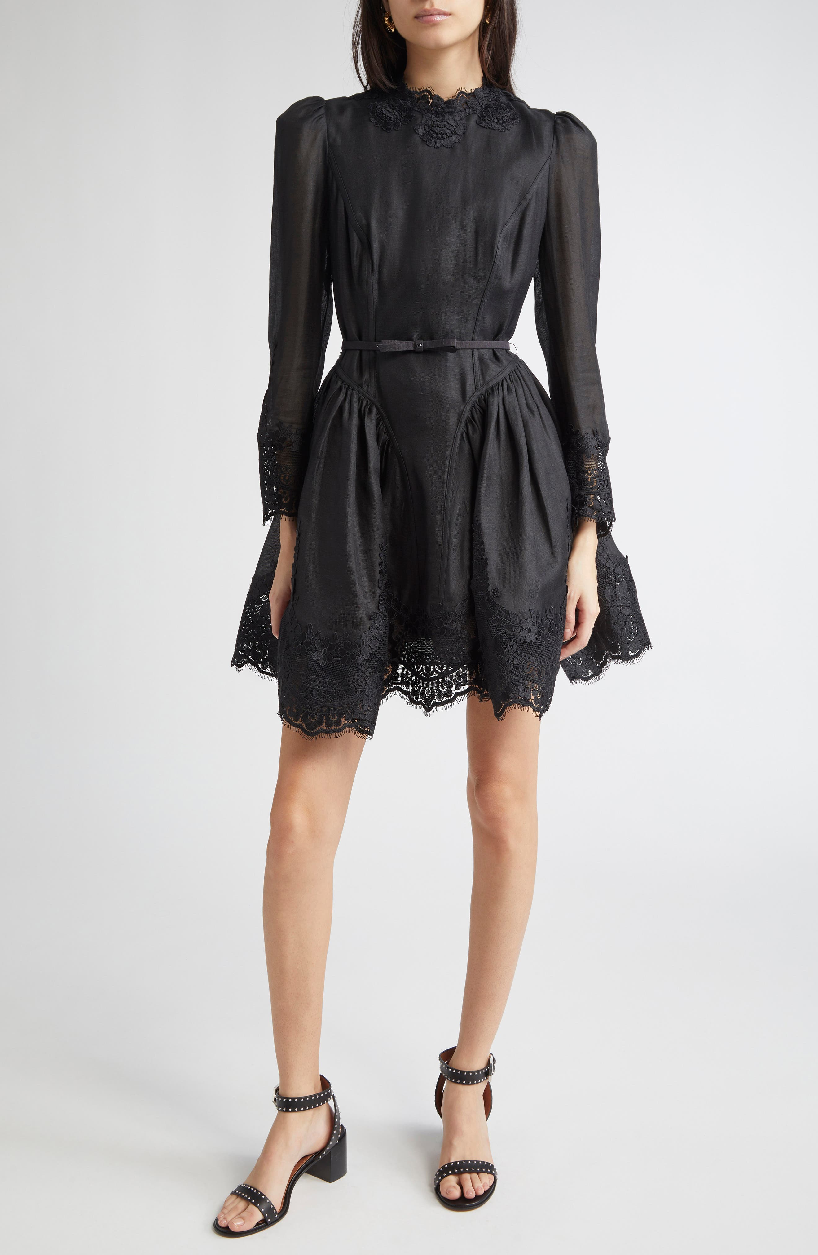 Zimmermann Hypnotic Lace Trim Long Sleeve Belted Linen & Silk Minidress in Black at Nordstrom - 1