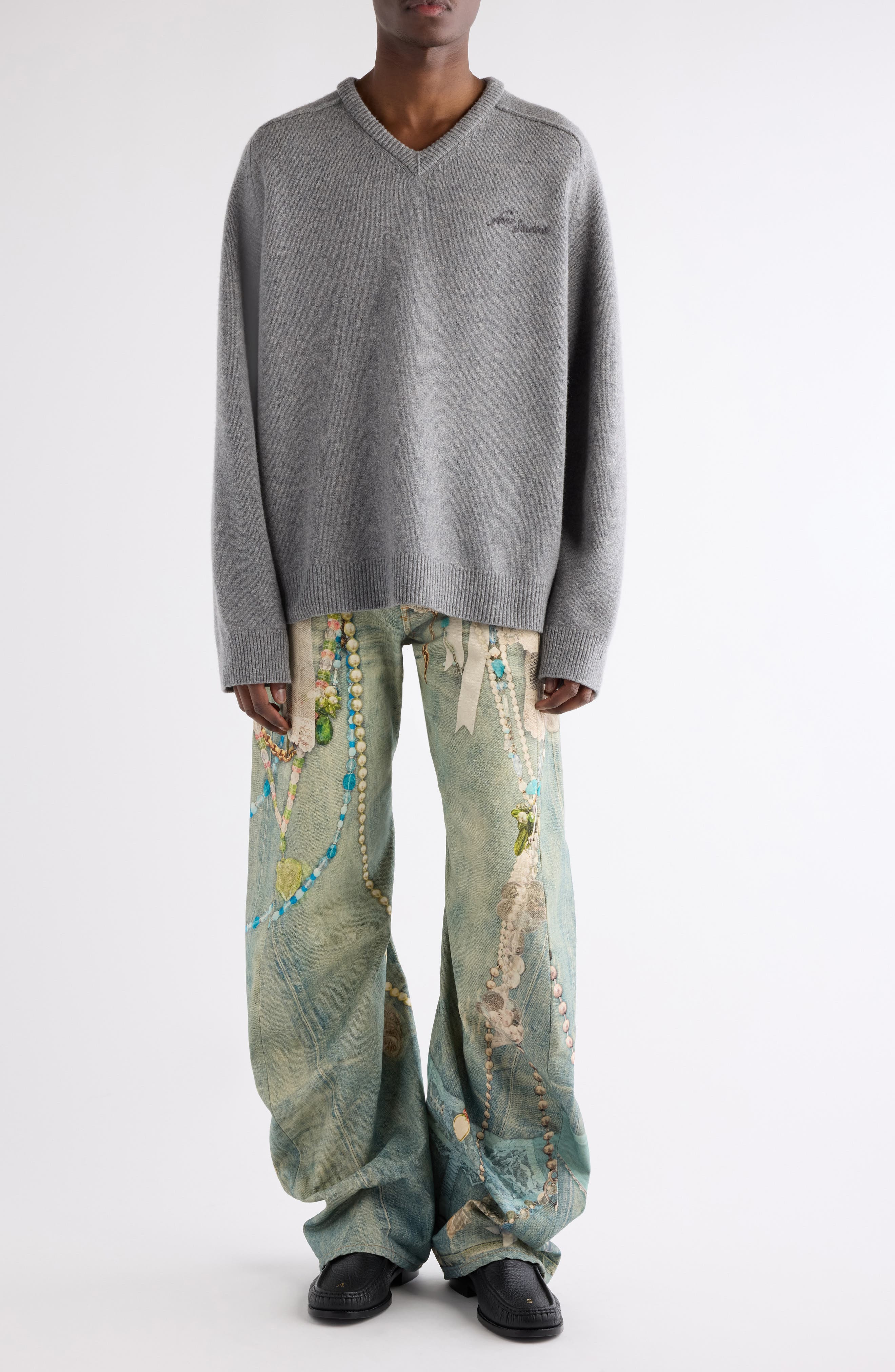 Acne Studios 2006M Relaxed Fit Trompe l'Oeil Jeans in White/Green/Denim at Nordstrom - 2