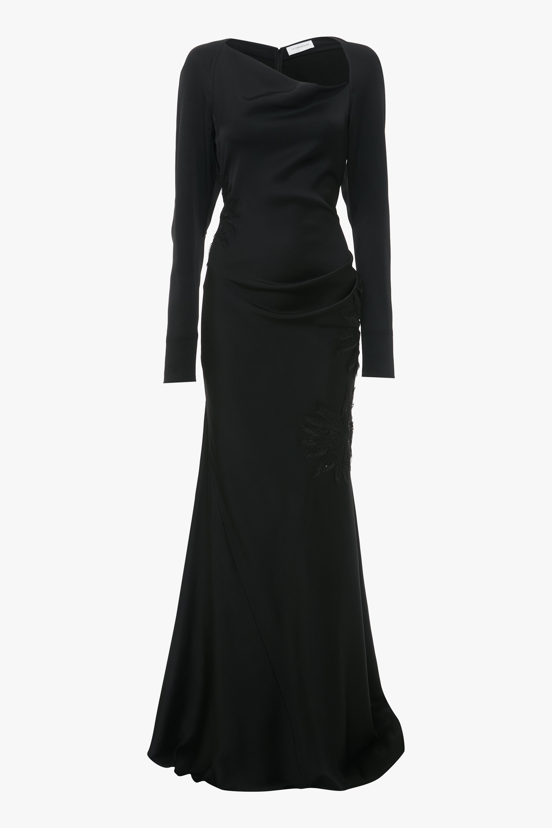 Long Sleeve Lace Applique Floor-Length Gown In Black - 1