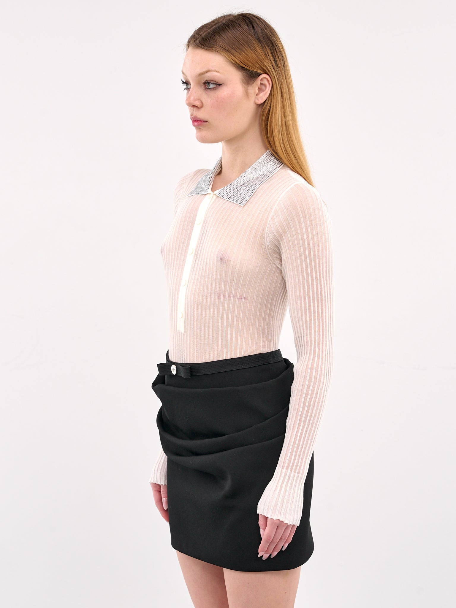 Rhinestone Sheer Polo Top - 2
