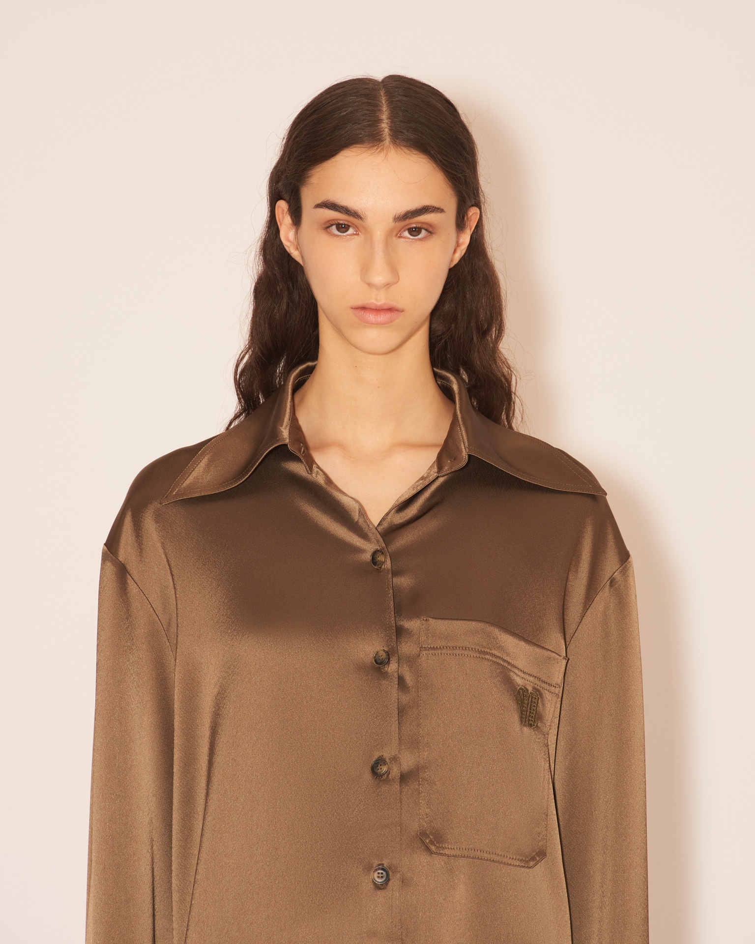 EBBA - Relaxed fit satin long sleeve shirt with slight pilgrim collar - Dark khaki - 5