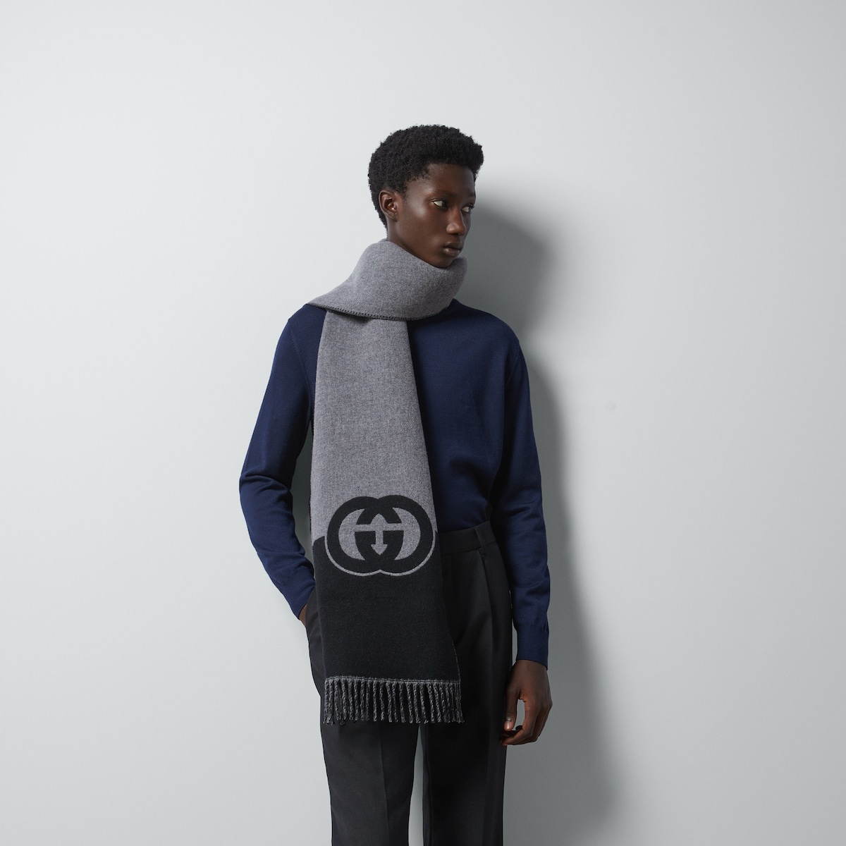 Wool cashmere scarf with Interlocking G - 3