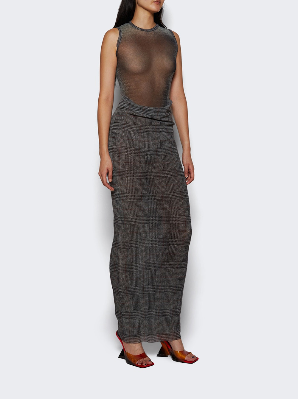 Printed Body Shadow And Prince Of Wales Mesh Long Dress Light Grey And Vanilla - 2