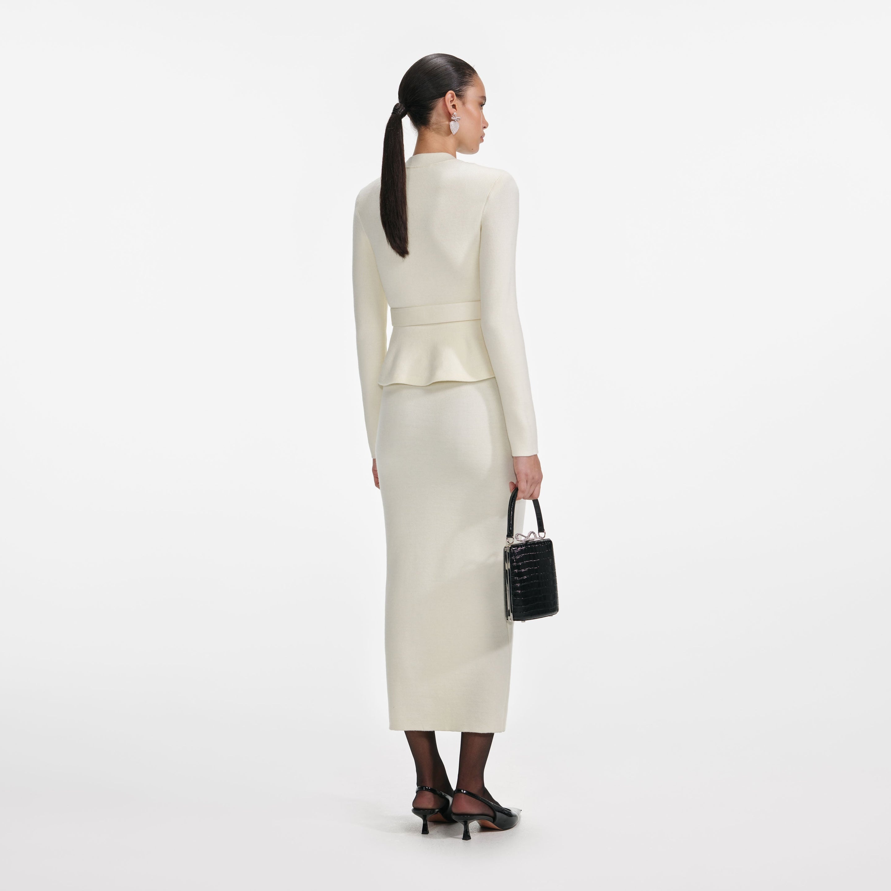 Cream Wool Peplum Knit Midi Dress - 3