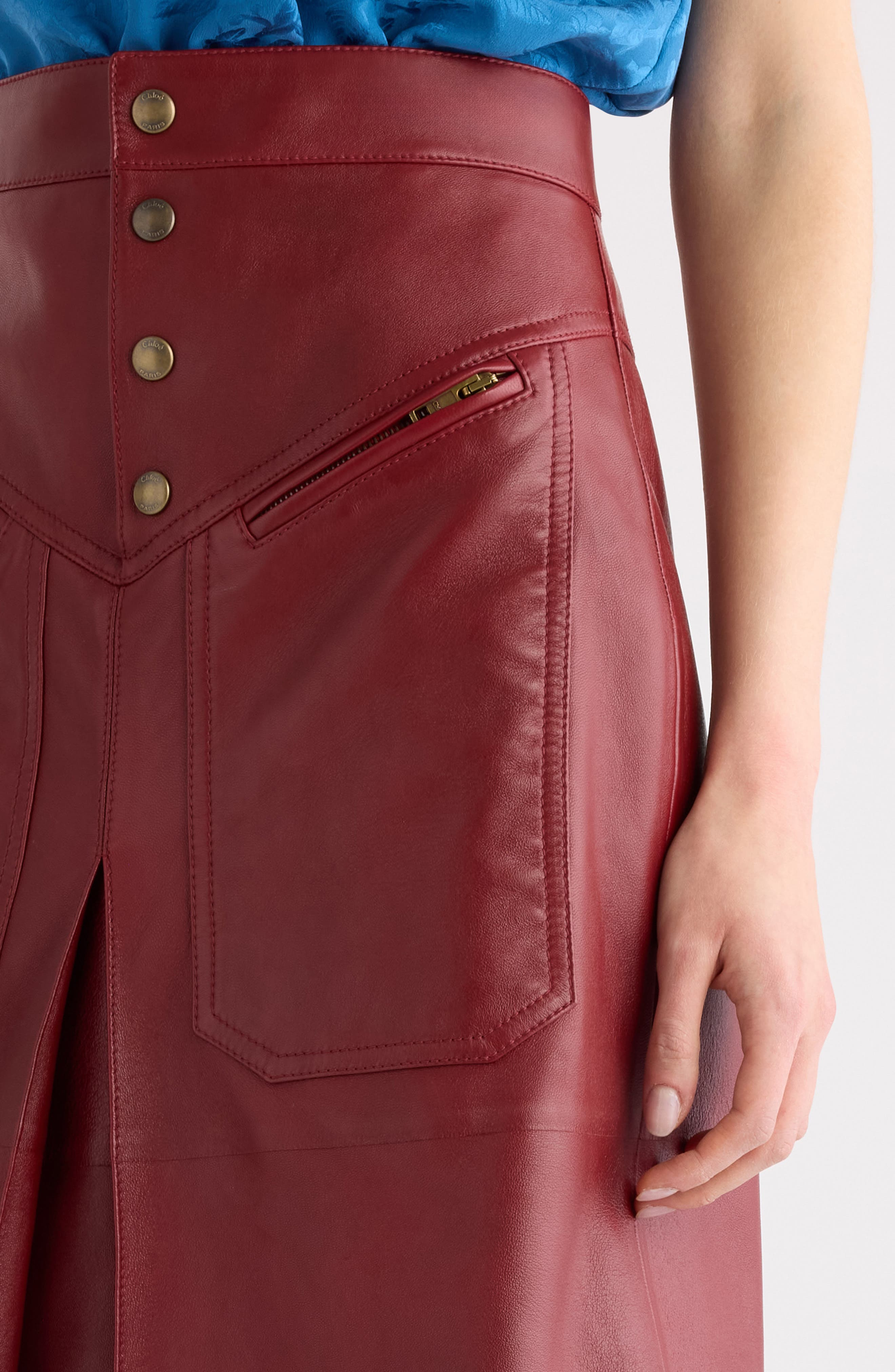 Chloé Inverted Pleat Lambskin Leather Skirt in Dark Ruby at Nordstrom - 5