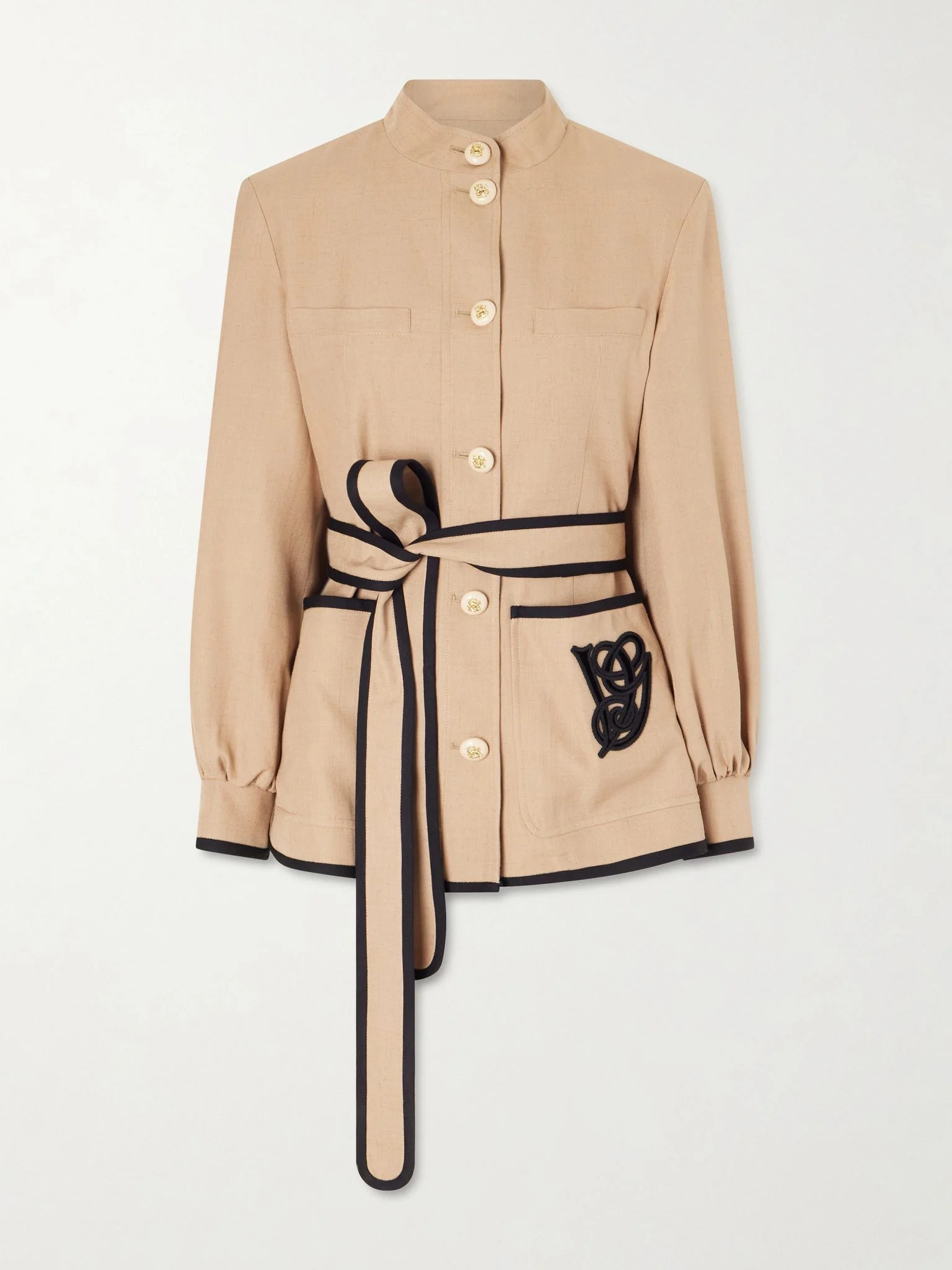 Belted embroidered twill jacket Beige - 1
